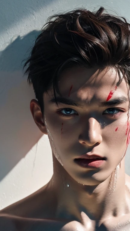 two hot man fight til the end, portrait, wet body by Sweat and white sperm, hair and face, advertise concept, confident, vogue magazine cover concept, shirtless, studio nature photo, grey wall, Wounded face due to a cut, with red blood face