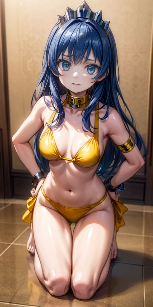 Princess Nina wearing yellow bikini, hands on hips, kneeling, shackles wristbands