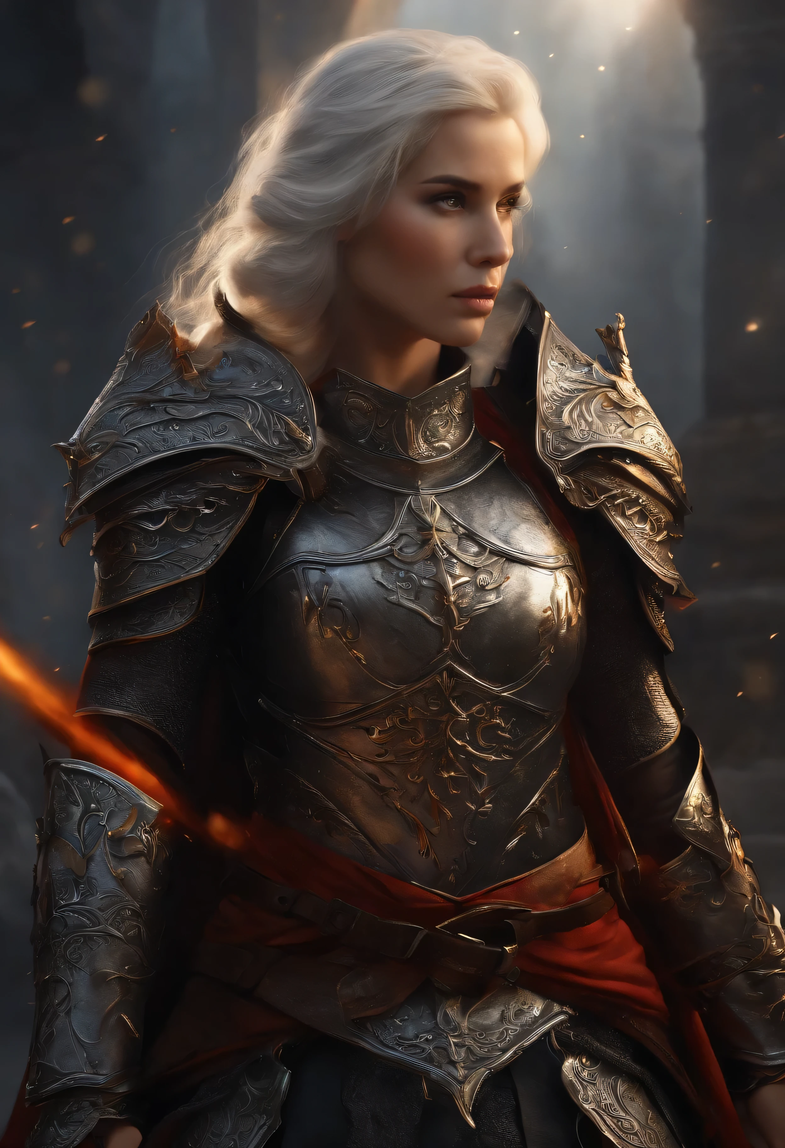((super fine illustration, 8k, Masterpiece :1.2, Sharp focus :1.2, depth of field:1.2)), Beautiful swordswoman, absurdity, Highly detailed face and skin texture, silver hair, jet-black medieval knight armor, flame armor, cloak wrapped in flames, sword wrapped in flames, flame wings, determination to overcome sorrow, A sign of determination in your gentle eyes , strong soul