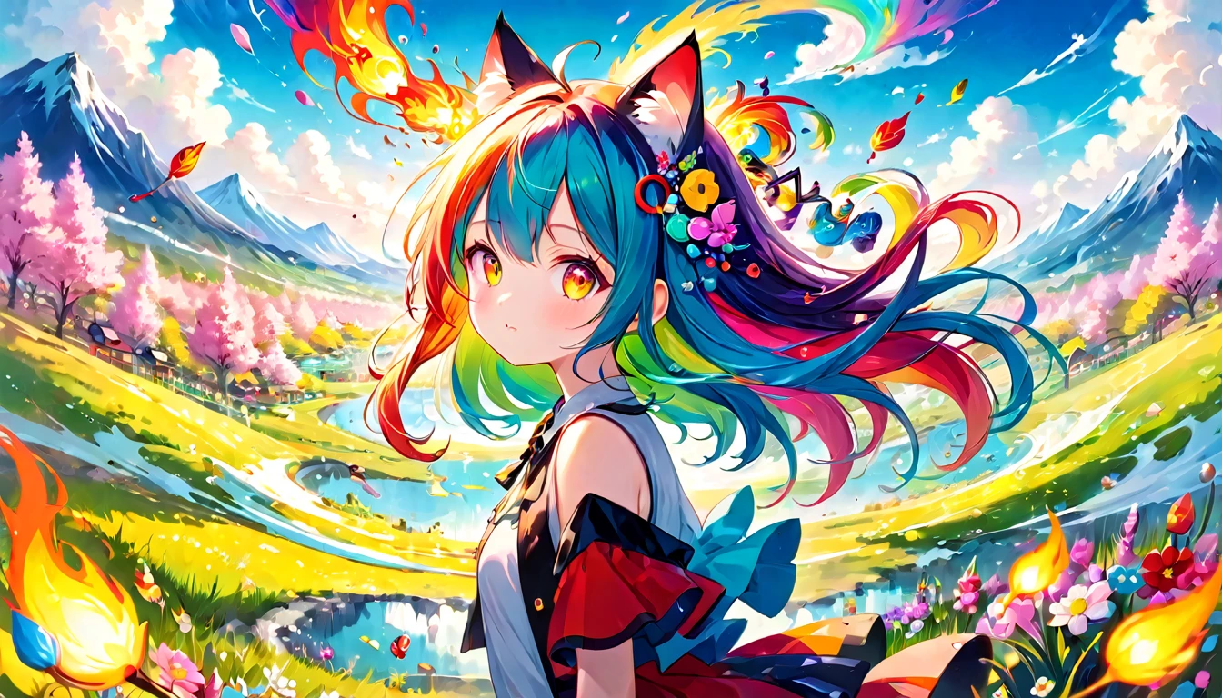 Create a distorted and chaotic landscape with vibrant colors and surreal elements, featuring a cute girl with colorful hair and whimsical accessories.chat ear. long hair,spring,TUNAMI,fire