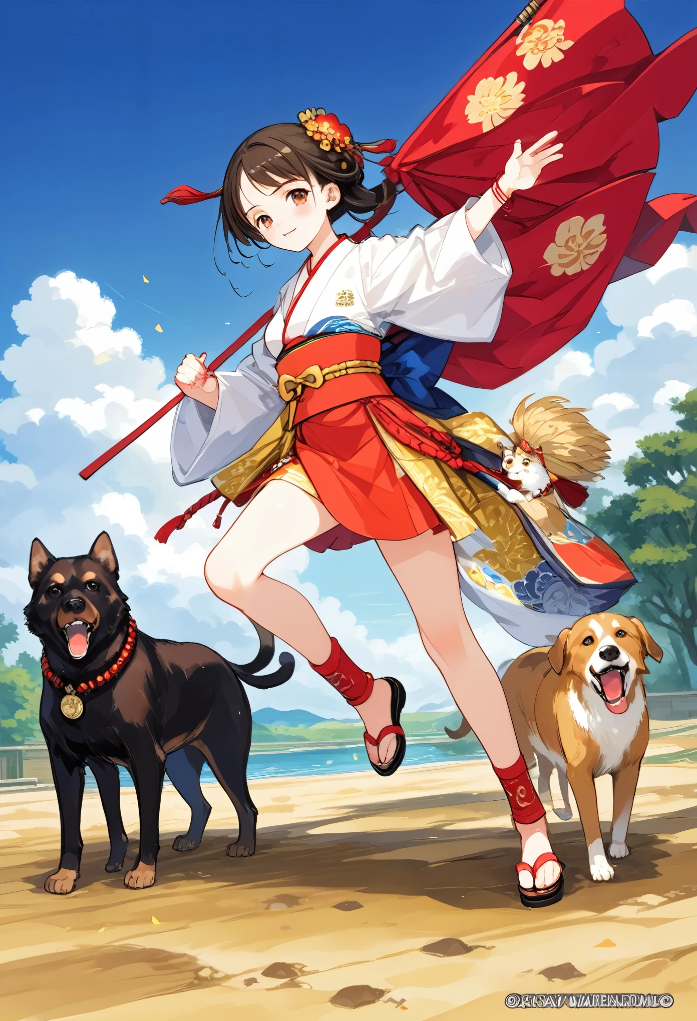 (masterpiece, top quality, best quality)dynamic scene from the Japanese folktale 'Momotaro', showing Momotaro fighting alongside his animal companions, a dog, a monkey, and a pheasant, against the ogres, The scene should be set on the Ogre Island, with Momotaro wearing traditional Japanese warrior clothing, holding a flag with the peach emblem, The animals should be actively participating in the battle, and ogres should appear menacing but not too scary, suitable for a children's book illustration, The style should be vibrant and detailed, capturing the energy and bravery of the legendary tale,