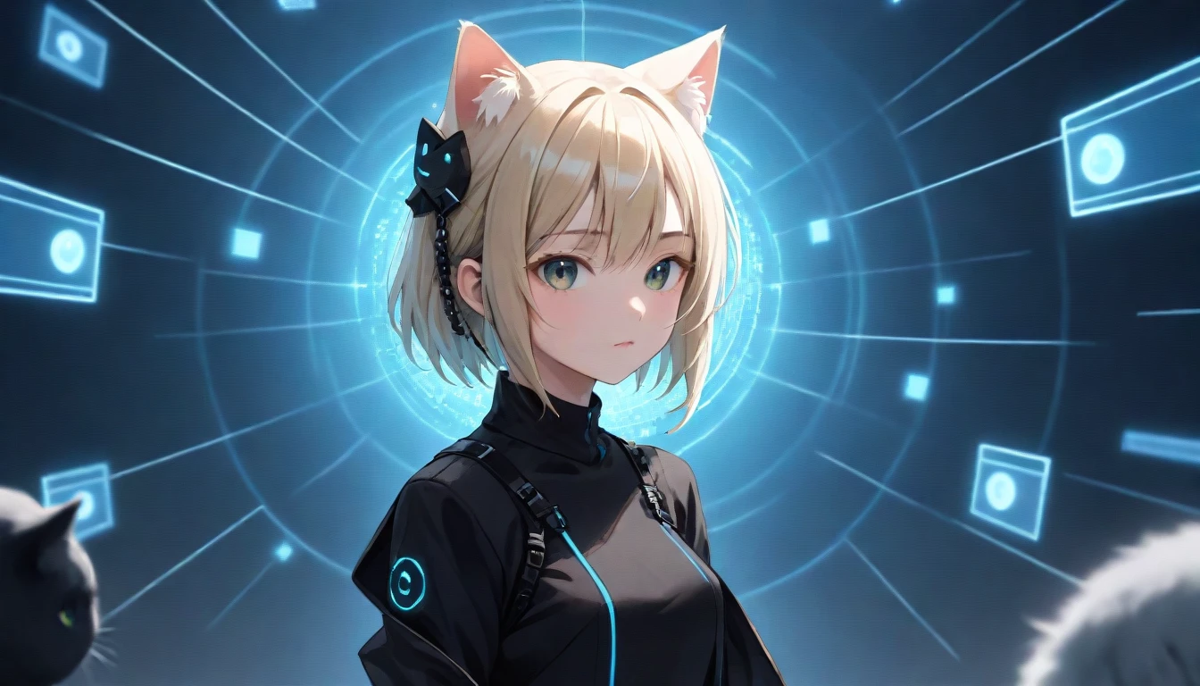 Financial House、technology, AI, Futuristic, Blockchain, International Monetary Fund, (Matrix World)  、Girl、Cat ear,Gord,cowboy shot