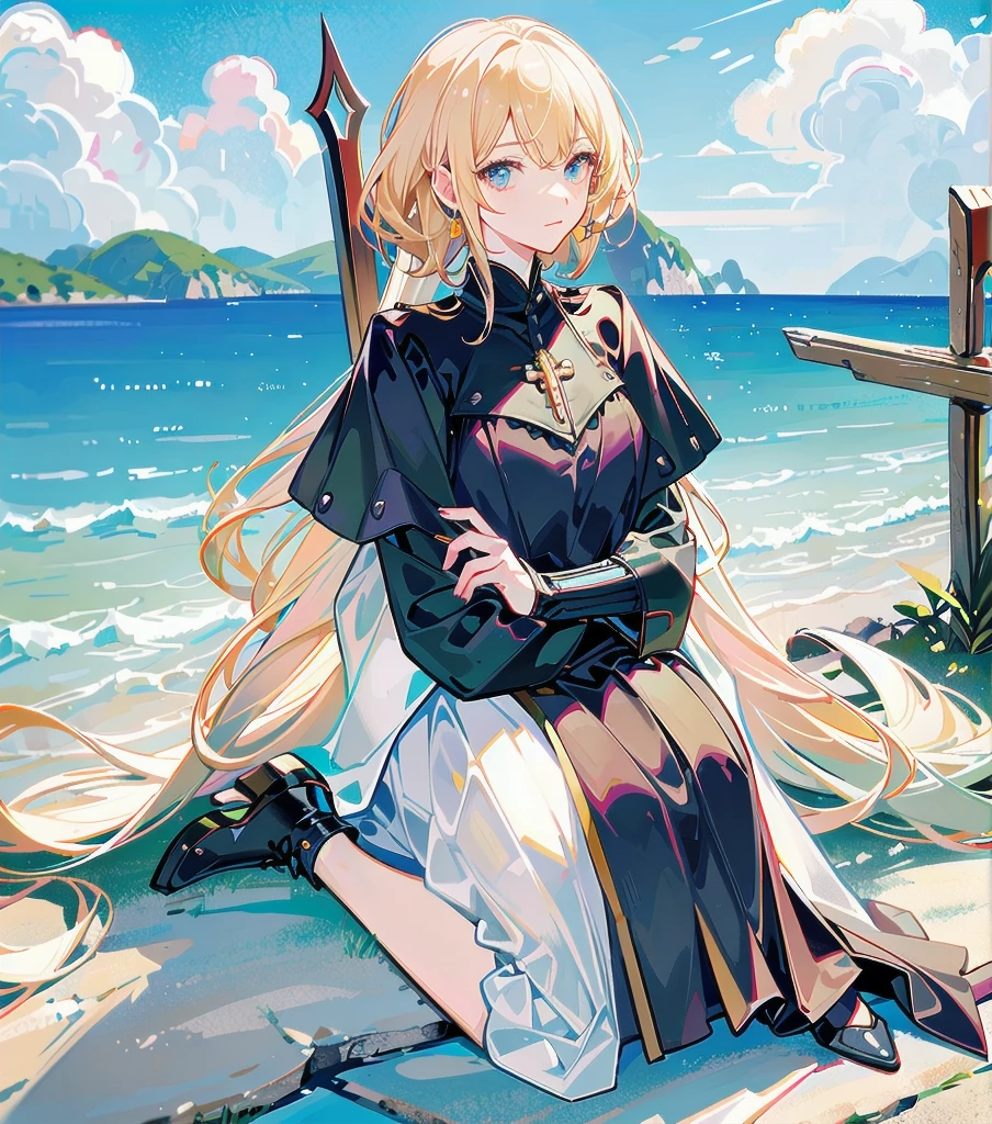 absurdres, RAW photo, extremely delicate and beautiful, masterpiece, Best Quality, ultra high resolution, 32k, hyperrealistic, ultra-detailed, 20 years old, detailed beautiful face, tearful mole, earring, very huge round breasts, short medium hair, wavy hair, wet clothes, (full body shot), alone, blonde hair, gauntlets, Joan of Arc, (surcoat), (cross armor),