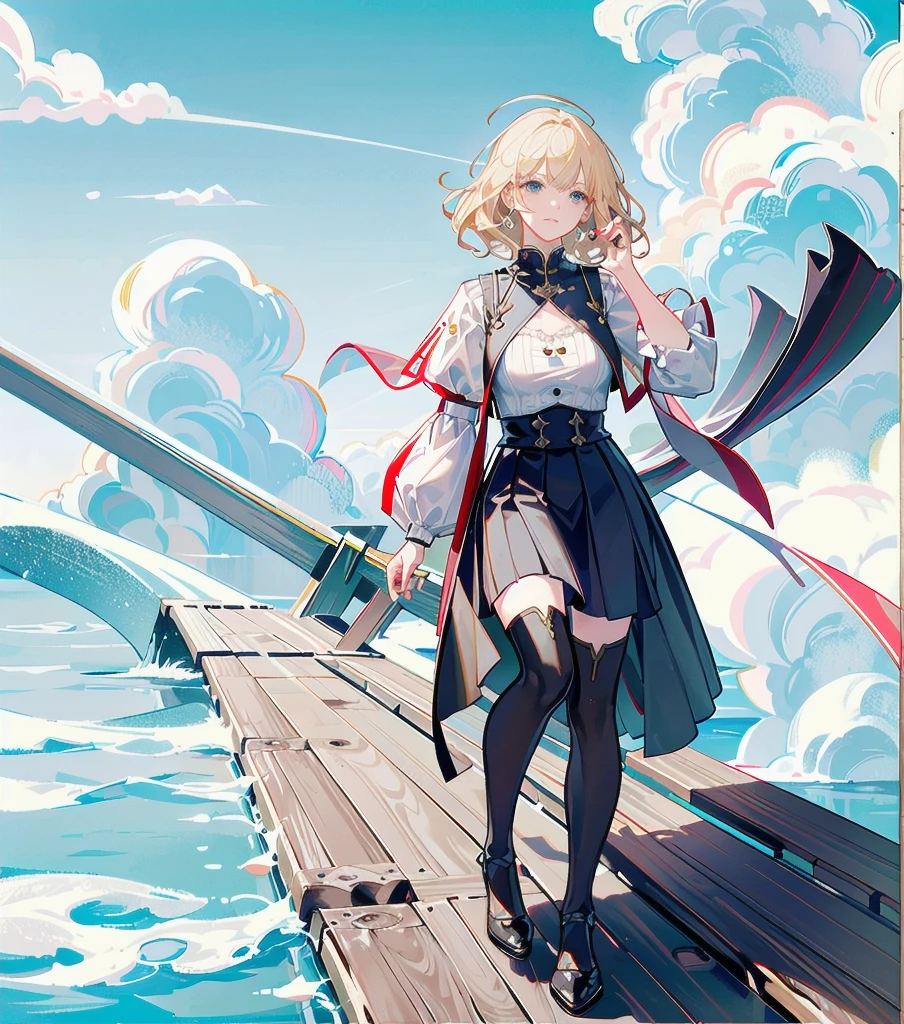 absurdres, RAW photo, extremely delicate and beautiful, masterpiece, Best Quality, ultra high resolution, 32k, hyperrealistic, ultra-detailed, 20 years old, detailed beautiful face, tearful mole, earring, very huge round breasts, short medium hair, wavy hair, wet clothes, (full body shot), alone, blonde hair, gauntlets, Joan of Arc, (surcoat), (cross armor),