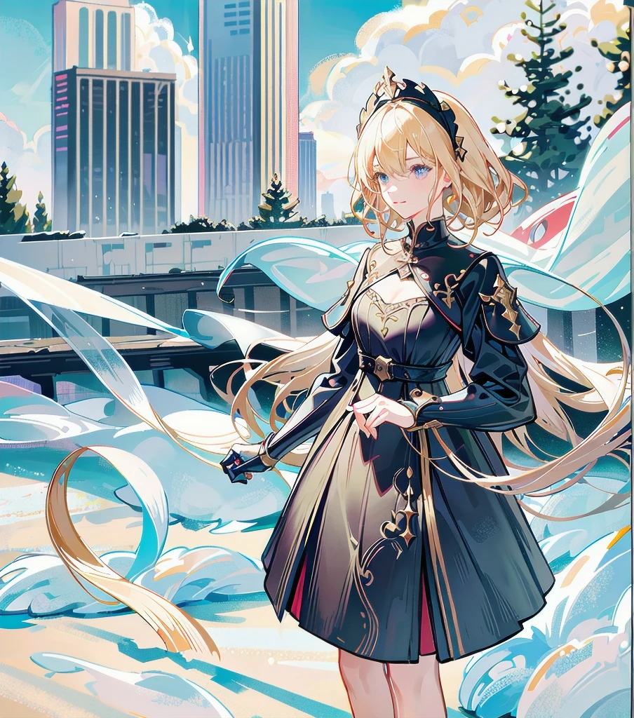 absurdres, RAW photo, extremely delicate and beautiful, masterpiece, Best Quality, ultra high resolution, 32k, hyperrealistic, ultra-detailed, 20 years old, detailed beautiful face, tearful mole, earring, very huge round breasts, short medium hair, wavy hair, wet clothes, (full body shot), alone, blonde hair, gauntlets, Joan of Arc, (surcoat), (cross armor),