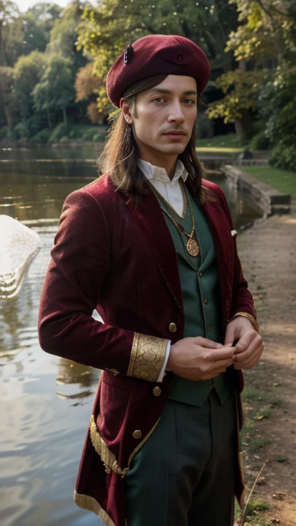 Lakeside, sunlight, Male medieval baron, rich, splendid clothing, jewellery, gold necklace, velvet beret (beret with pheasant feather), fishing, servants