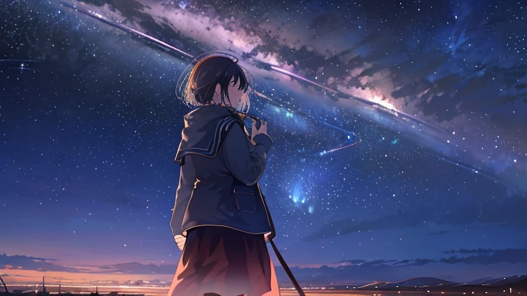 1 adult female,summer,Standing in the grassland,night,Starry Sky,Meteors,Best image quality,masterpiece,Beautiful views