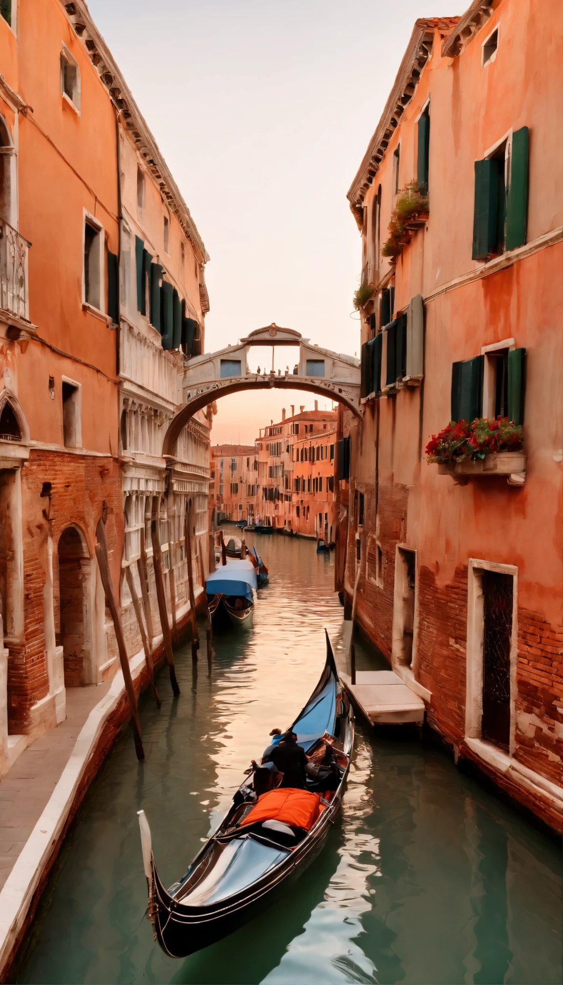 (Highest quality, High-definition images: 1.5), masterpiece: 1.1, Photo from above, Venice landscape, Boat tours, Canals of Venice, Italy, City of Water, Crystal Reflection, Italyの建築, Slightly higher position, Photorealistic Rendering, Ultra-detailed textures, (Golden Hour: 1.3), Dramatic Shadows, Adirondack chairs on deck, A passing gondola, (Nostalgic Music: 0.8), Sun-kissed Water, Pastel colored buildings, Terrazzo roof, An intricate bridge,There is no one