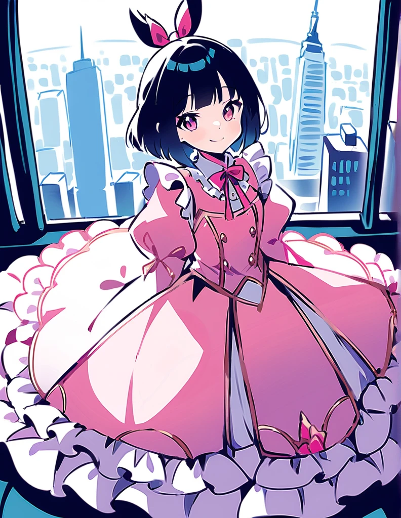 dynamic angle, absurdres, best quality, masterpiece,
BREAK
(petite), (pink detailed princess dress with many frills:1.3), frilly long sleeves, pink eyes, beautiful black hair, (topknot), blunt bangs, smile,
BREAK
The travel memories photo captures the princess against the backdrop of iconic locations around the world. in New York, she stands powerfully beside (the Statue of Liberty); These photos are a record of adventures that transcend time and space, reflecting the princess’s diverse allure.