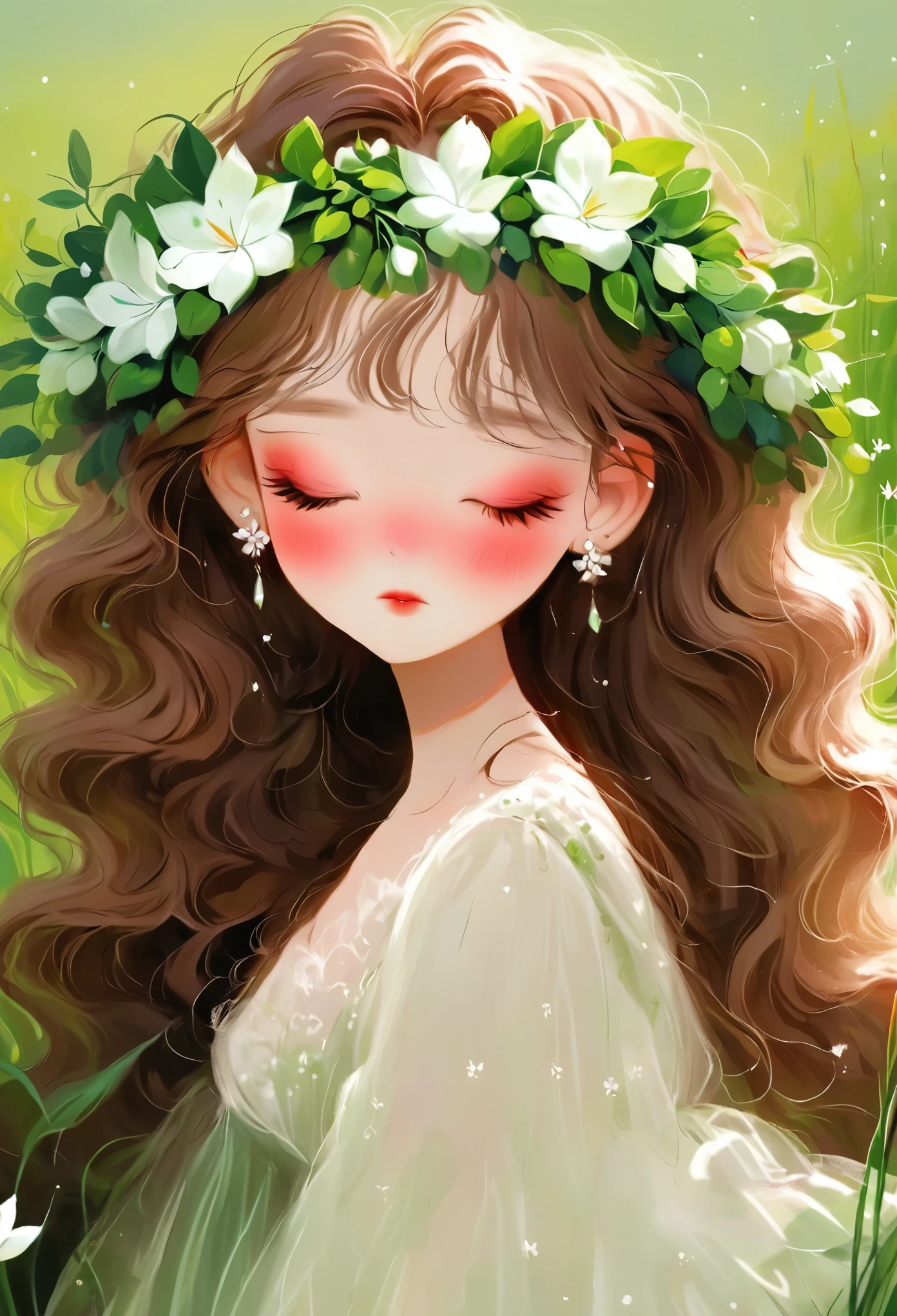 Rough texture，Hand-drawn style：1girl,closed eyes,dress,earrings,flower,grass,green background,head wreath,jewelry,leaf,long hair,plant,solo,white dress