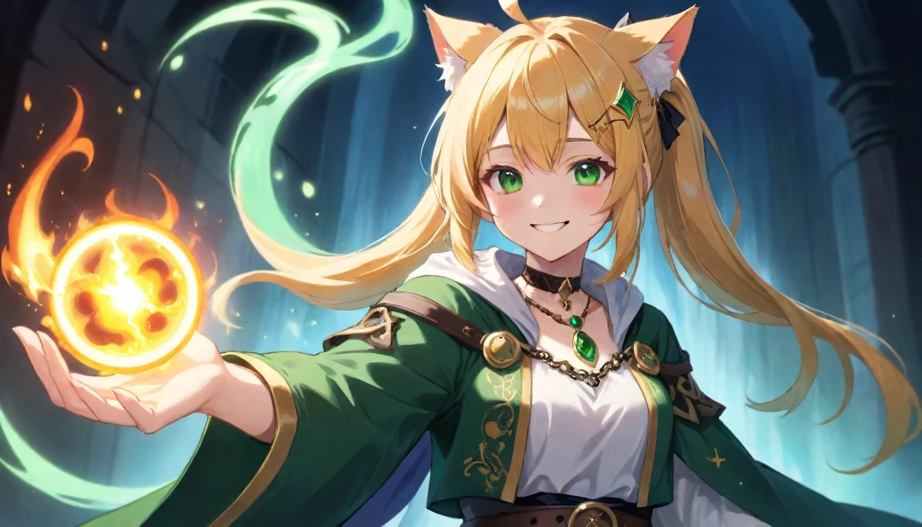 Colorful portrait illustration, (attractive female as a Wizard, ponytail, wear_length_Flowing_green_Complicated_Embroidered_Wizard_Robe), (necklace, Pouch, belt, smile, Very detailed face, masterpiece, highest quality), Very detailed, (In the dungeons), magician_Grams, (A large, glowing circle of runes), Fire and Ice, Casting a Spell, Ultra-high resolution, Cat ears、smile,Mine,Sklton costume