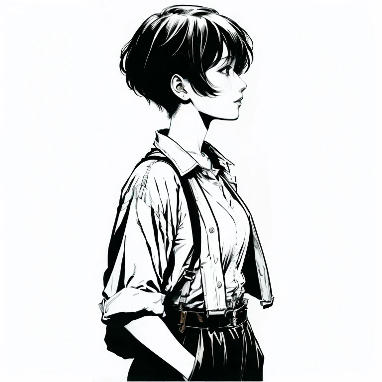 A picture of a woman with short hair and suspenders, Kentaro Miura&#39;s manga style, black and white manga style, Ink Manga, Kentaro Miura&#39;s Manga Art Style, Very fine ink line drawings, Anime Girl Profile, Anime girl portrait profile, Hajime Isayama&#39;s style, Attractive androgynous humanoid, Official illustrations