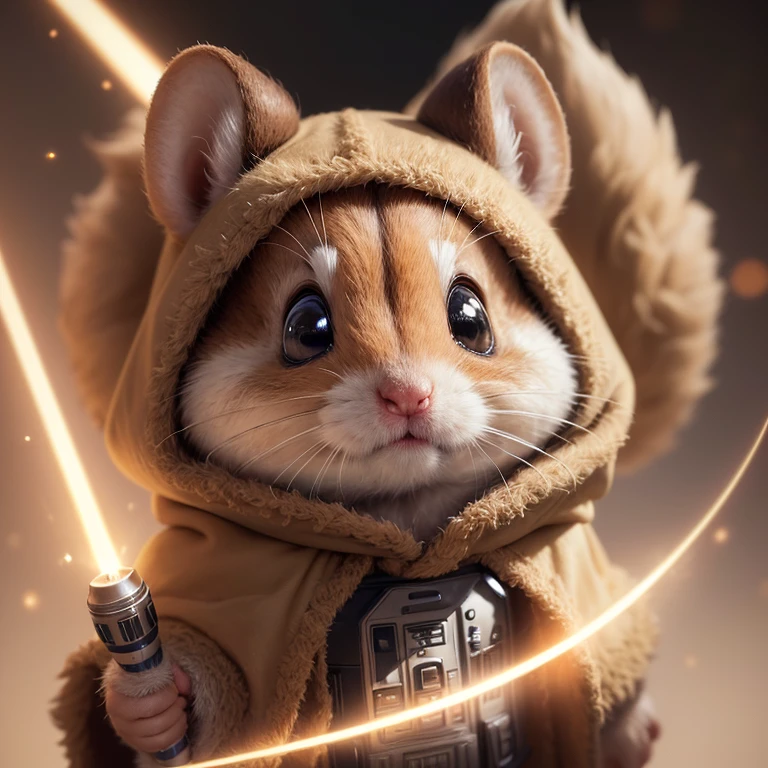 (best quality,ultra-detailed,realistic,photorealistic:1.37),furry hamster wearing a Star Wars Jedi uniform,adorable,soft,fuzzy,playful,expressive brown eyes,small and rounded body,tiny paws,detailed Jedi robe with brown fabric and hood,lightsaber,light side of the Force,galactic background,vivid colors,warm lighting,