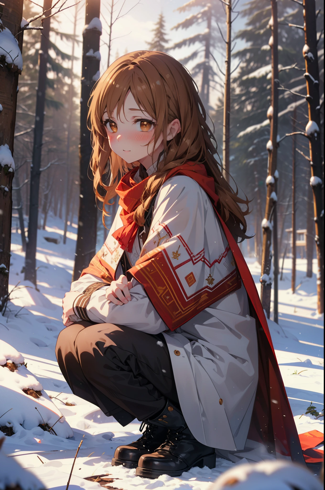 I am the sun ayuuki, a sun a yuuki, Long Hair, Brown Hair, (Brown eyes:1.8)Medium chest,smile,blush,White Breath,
Open your mouth,snow,Ground bonfire, Outdoor, boots, snowing, From the side, wood, suitcase, Cape, Blurred, Increase your meals, forest, White handbag, nature,  Squat, Mouth closed, フードed Cape, winter, Written boundary depth, Black shoes, red Cape break looking at viewer, Upper Body, whole body, break Outdoor, forest, nature, break (masterpiece:1.2), highest quality, High resolution, unity 8k wallpaper, (shape:0.8), (Beautiful and beautiful eyes:1.6), Highly detailed face, Perfect lighting, Highly detailed CG, (Perfect hands, Perfect Anatomy),