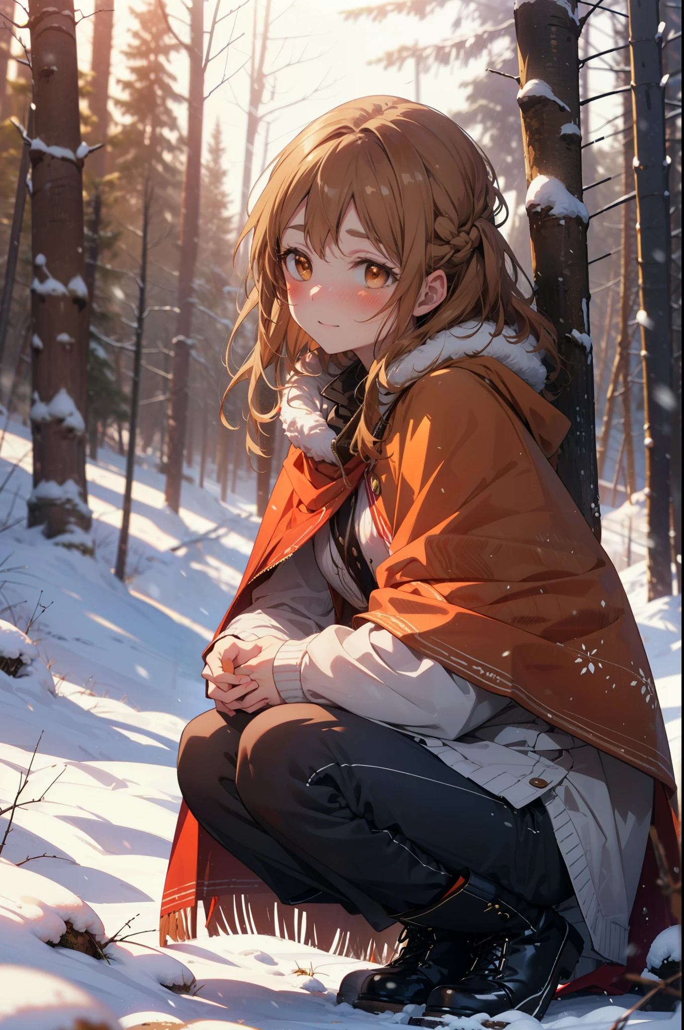 I am the sun ayuuki, a sun a yuuki, Long Hair, Brown Hair, (Brown eyes:1.8)Medium chest,smile,blush,White Breath,
Open your mouth,snow,Ground bonfire, Outdoor, boots, snowing, From the side, wood, suitcase, Cape, Blurred, Increase your meals, forest, White handbag, nature,  Squat, Mouth closed, フードed Cape, winter, Written boundary depth, Black shoes, red Cape break looking at viewer, Upper Body, whole body, break Outdoor, forest, nature, break (masterpiece:1.2), highest quality, High resolution, unity 8k wallpaper, (shape:0.8), (Beautiful and beautiful eyes:1.6), Highly detailed face, Perfect lighting, Highly detailed CG, (Perfect hands, Perfect Anatomy),