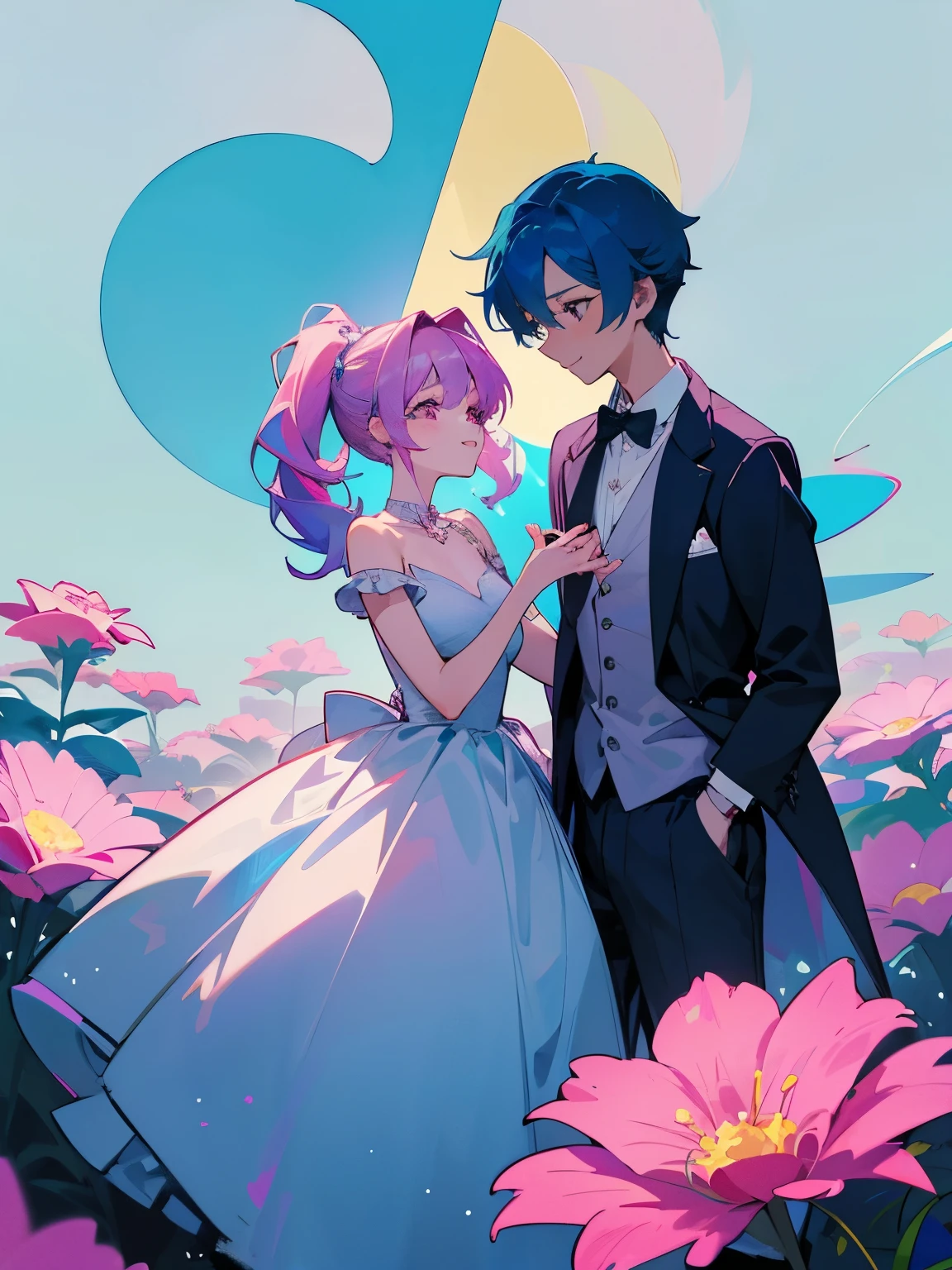 cartoon of a boy and a girl standing close together, ddlc, in the art style of 8 0 s anime, 9 0 s anime style, 90s anime style, in anime style, in an anime style, anime aesthetic, anime vibes, 9 0 s anime aesthetic, 9 0 s anime art style, lofi boy and girl, beautiful background outside, background at night with stars and a moon, fairy lights, beautiful background in a floral garden with fairy lights at night, a cute boy and a cute girl, beautiful faces, a boy and a girl, don't extra hands, NO extra hands, generate a boy and a girl with NO extra hands, NO extra arm, the boy has a short hairstyle and the girl has a long hairstyle, the boy has blue hair, the girl has pink hair, pretty faces, cute pretty boy in a smoking dress, cute pretty girl in a beautiful dress, with amazing smile, boy has a pretty smile, girl has a cute smile 