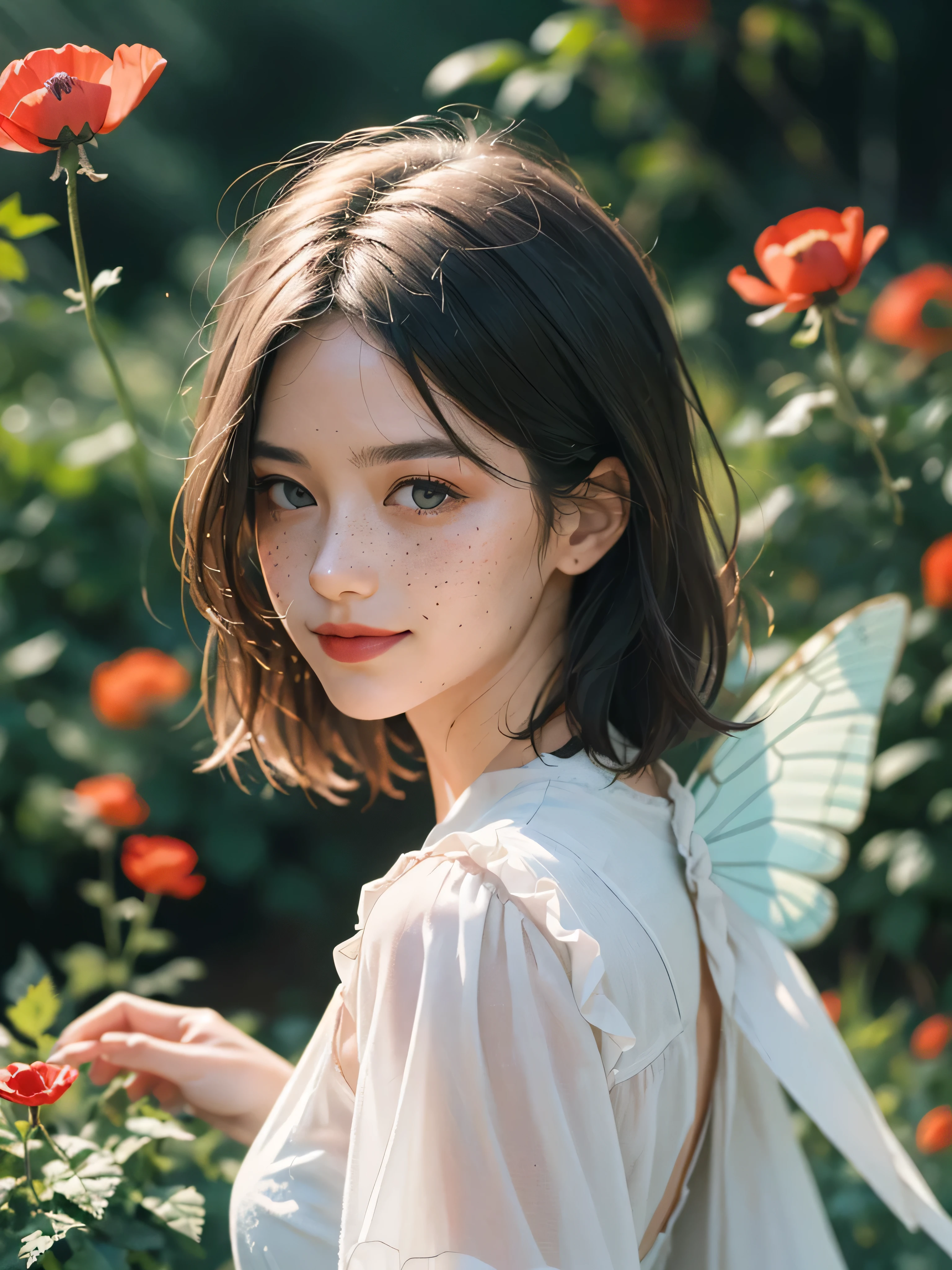 Best quality, masterpiece, ultra high res, (photorealistic:1.8), (freckles:1.0), raw photo,(shot from top high camera angle), 35mm, ultra sharpness, misty photo, 1girl, playing piano in the garden, surrounded with flying butterflies, colorful butterflies, smirk smile, slouchy editorial pose, shoulder in, in the dark, deep shadow, low key, natural light on face, cold light, majestic light, light rays at the back, modest look, messy short hair, colourful wild poppy flowers background and foreground, roses, ivy and carnation flower, flower bokeh, (film grain:1.0)