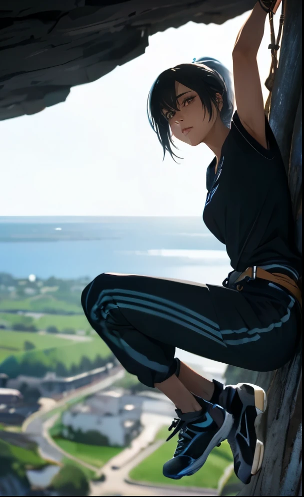 (masterpiece), (Top quality full body), 1 Female, Wall climbing on a cliff, 側面figure, (length_Ponytail Black Hair:1.21), (Hair on one eye:1.23), wearing climbers_wear, wearing climbing_shoes, Hanging from a cliff, Hang on to the rope, Beautiful eyes in every detail, Gorgeous face with attention to detail, Perfect Anatomy, very cute, Dynamic pose, Perfect Shading, Dramatic lighting, Rendered in 8K resolution、High quality detail, Concept Art, Smooth, Sharp focus, figure, Very detailed, Soft and natural volume, Cinematic perfect light, Intricate details, Pixiv, Krentz-Kschaert,