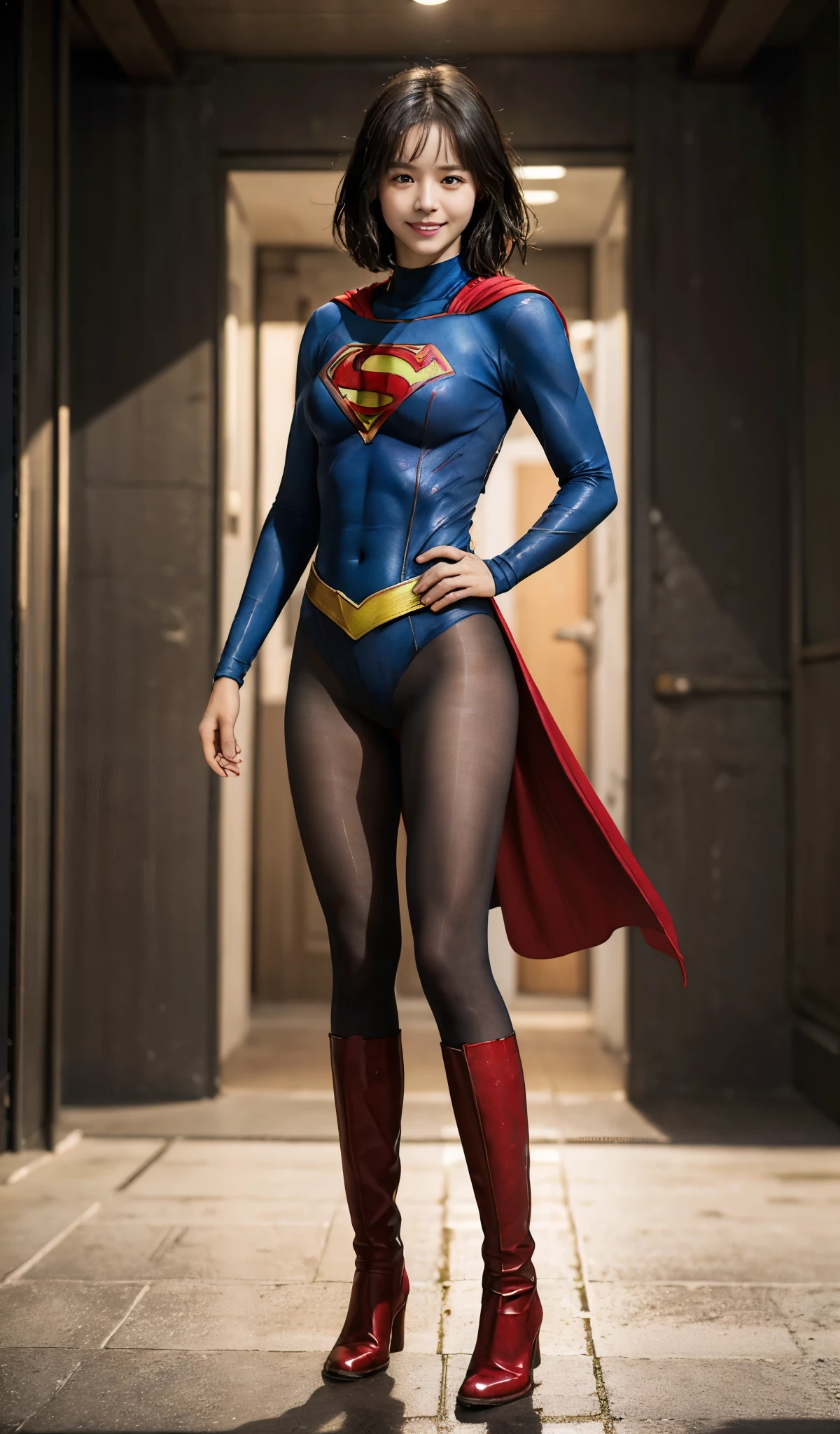 No background、(((Beautiful legs in black tights.)))、(((Legally express the beauty of your smile)))、((((Make the most of your original images)))、(((Supergirl Costume)))、(((Beautiful short bob hair)))、(((suffering)))、(((Please wear black tights....、Wear red boots)))、((Best image quality、8k))、((highest quality、8k、masterpiece:1.3))、(((Preserve background )))、Sharp focus:1.2、Beautiful woman with perfect figure:1.4、Slim Abs:1.2、Wet body:1.5、Highly detailed face and skin texture、8k