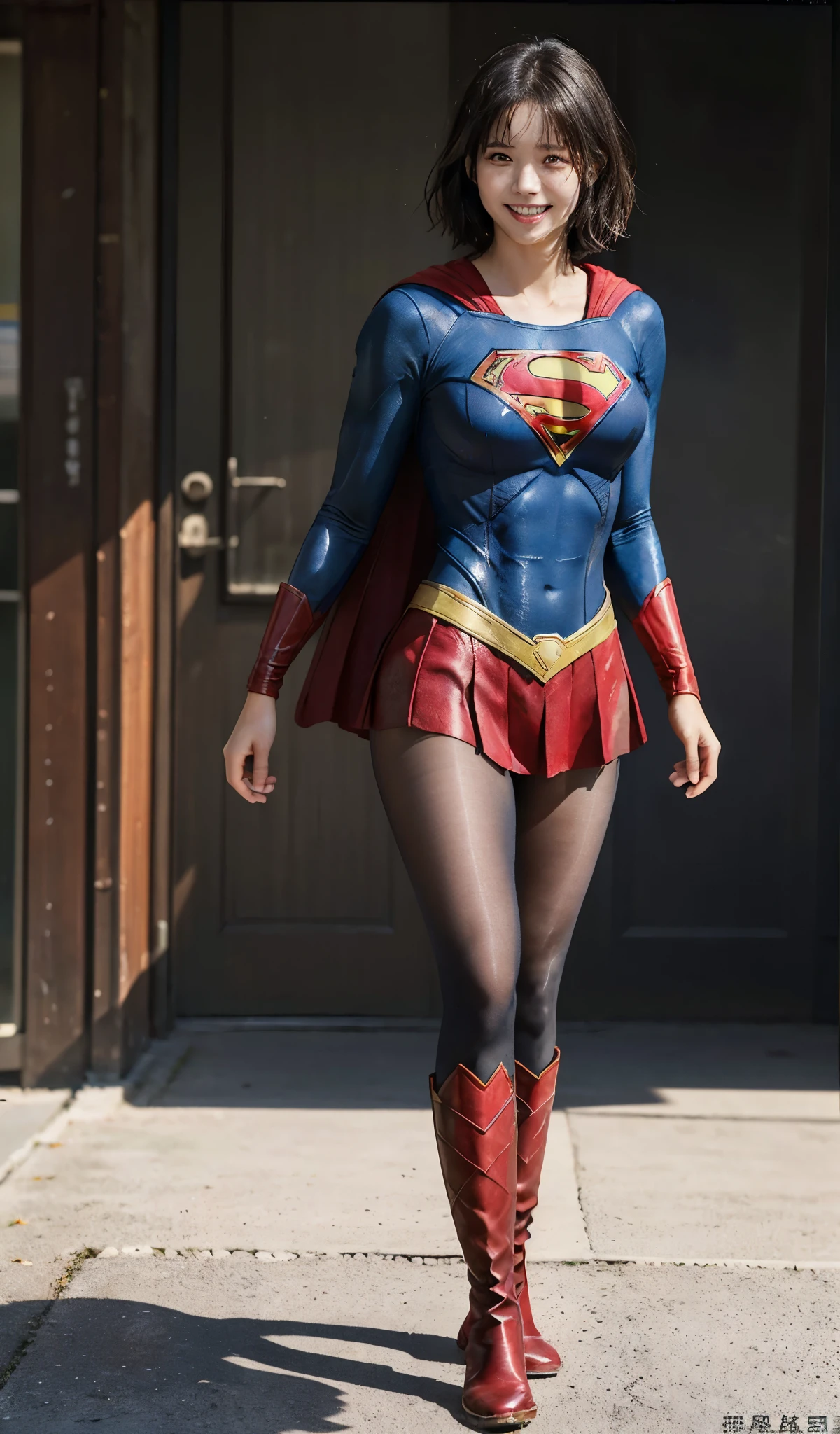 No background、(((Beautiful legs in black tights.)))、(((Legally express the beauty of your smile)))、((((Make the most of your original images)))、(((Supergirl Costume)))、(((Beautiful short bob hair)))、(((suffering)))、(((Please wear black tights....、Wear red boots)))、((Best image quality、8k))、((highest quality、8k、masterpiece:1.3))、(((Preserve background )))、Sharp focus:1.2、Beautiful woman with perfect figure:1.4、Slim Abs:1.2、Wet body:1.5、Highly detailed face and skin texture、8k