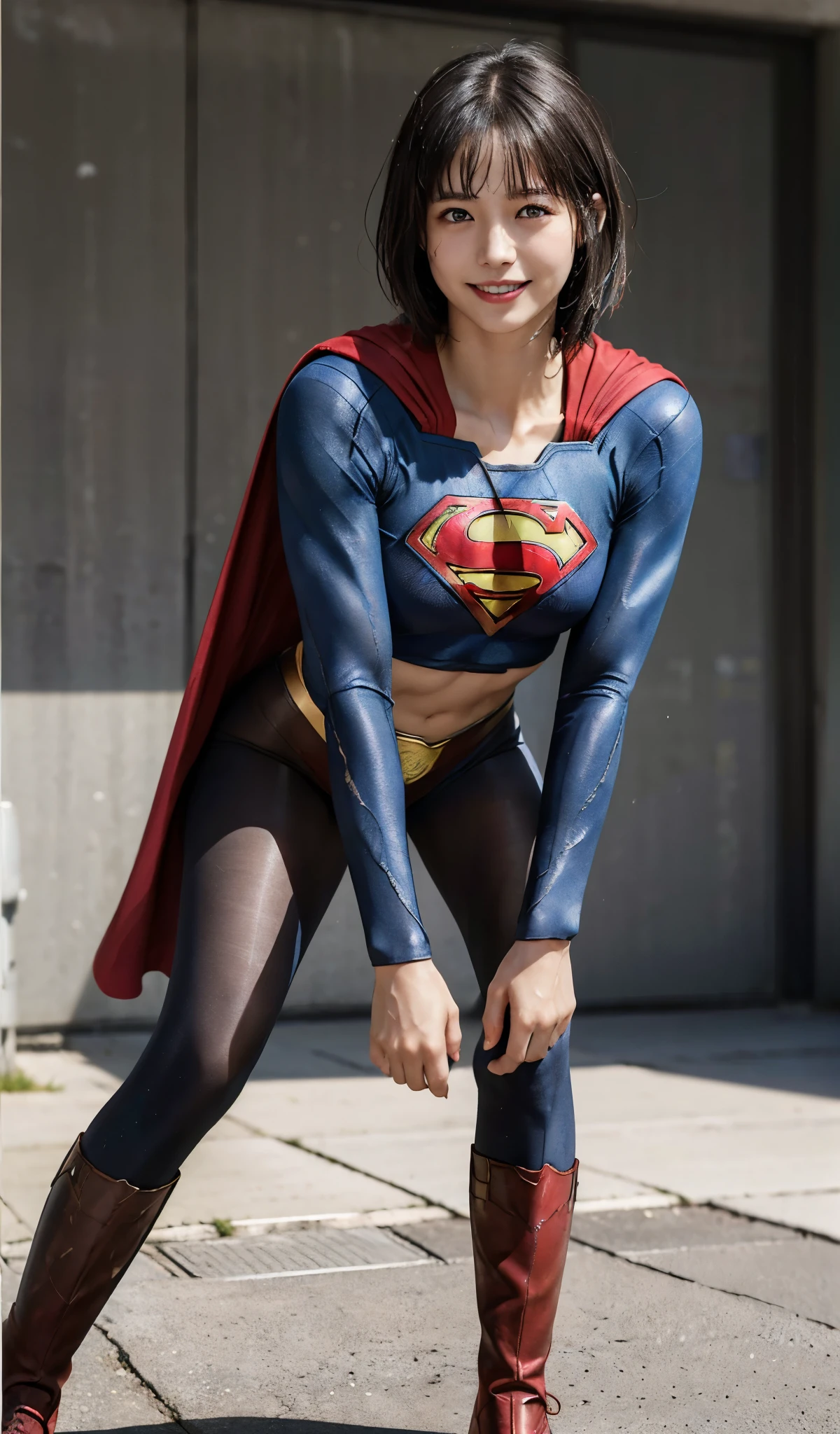 solo, 1girl, 5uper, supergirl, black hair, pixie haircut, blue eyes,muscular strong body,big bulging biceps, blue bodysuit,red high heel boots,posing,flexing, long sleeves,high detail,realistic
