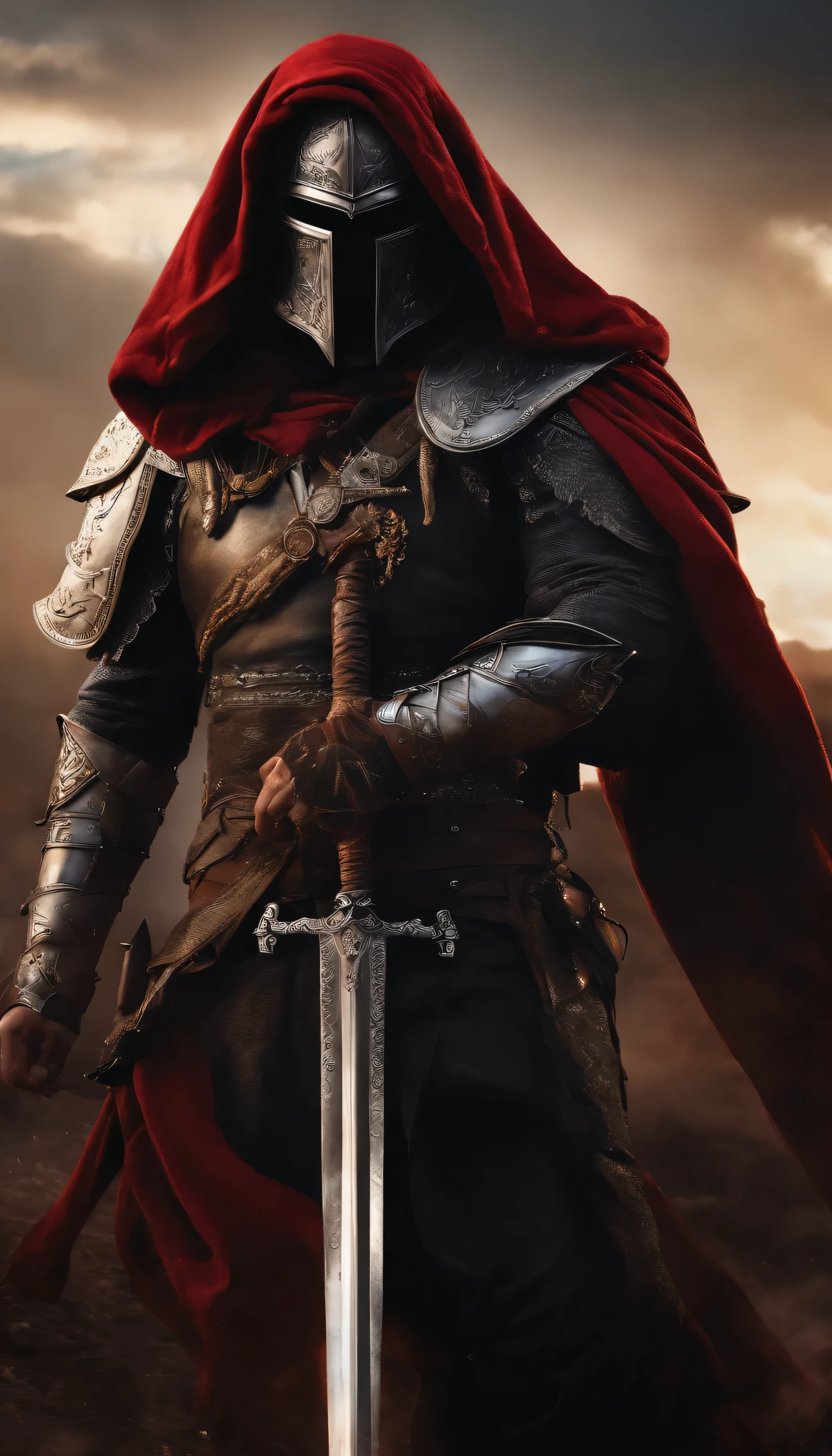 Realistic, 4k, Anjos com asas grandes, roupas pretas, uma espada, Hood on head in war background image (caos)
