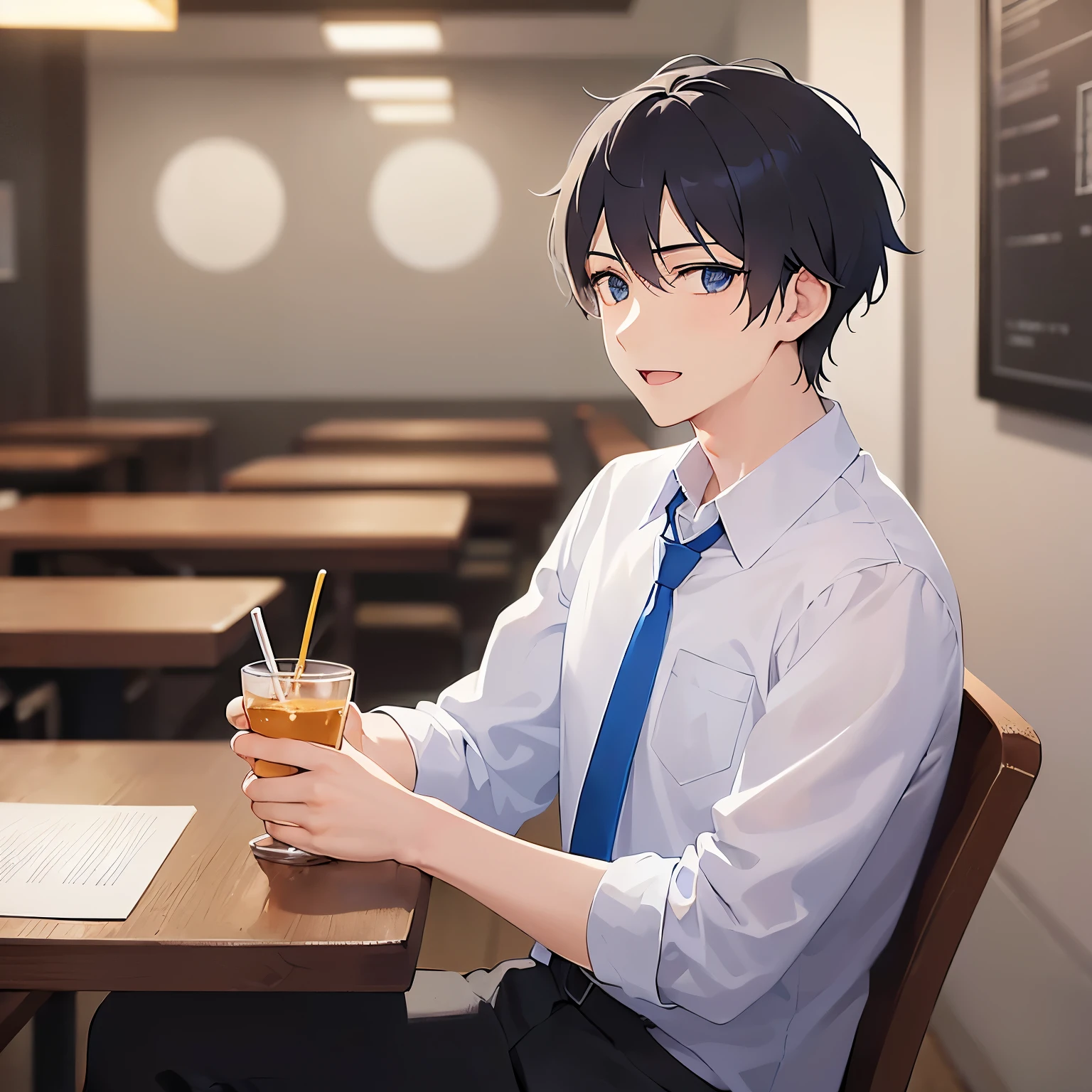 raising hand, Biologically correct five fingers、upper body、shiny skin, masterpiece、highest quality、(25-year-old male:1.5) and (Black short hair) and (blue eyes), (White collared shirt) and (Blue tie)、Sitting、smile、open mouth, The background is the interior of a restaurant at night.、(Alone:1.5)