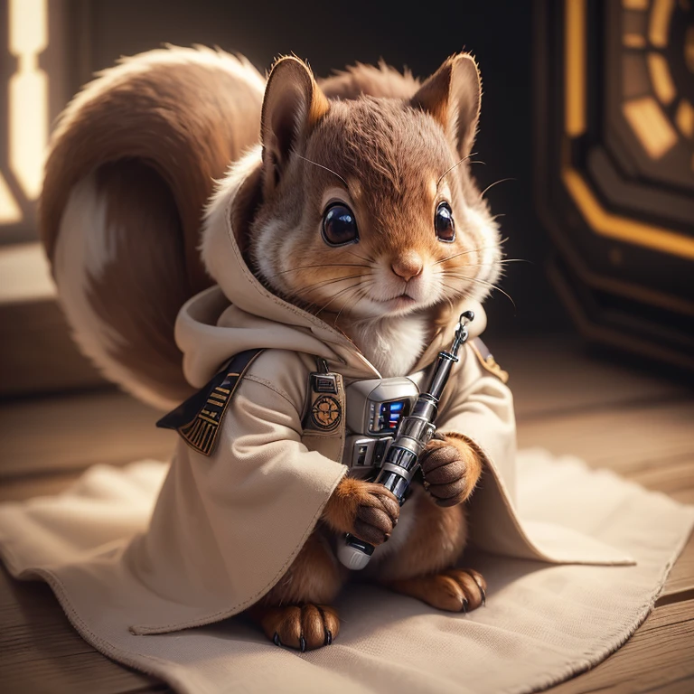 (best quality,ultra-detailed,realistic,photorealistic:1.37),furry squirrel wearing a Star Wars Jedi uniform,adorable,soft,fuzzy,playful,expressive brown eyes,small and rounded body,tiny paws,detailed Jedi robe with brown fabric and hood,lightsaber,light side of the Force,galactic background,vivid colors,warm lighting,