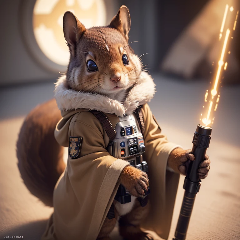 (best quality,ultra-detailed,realistic,photorealistic:1.37),furry squirrel wearing a Star Wars Jedi uniform,adorable,soft,fuzzy,playful,expressive brown eyes,small and rounded body,tiny paws,detailed Jedi robe with brown fabric and hood,lightsaber,light side of the Force,galactic background,vivid colors,warm lighting,