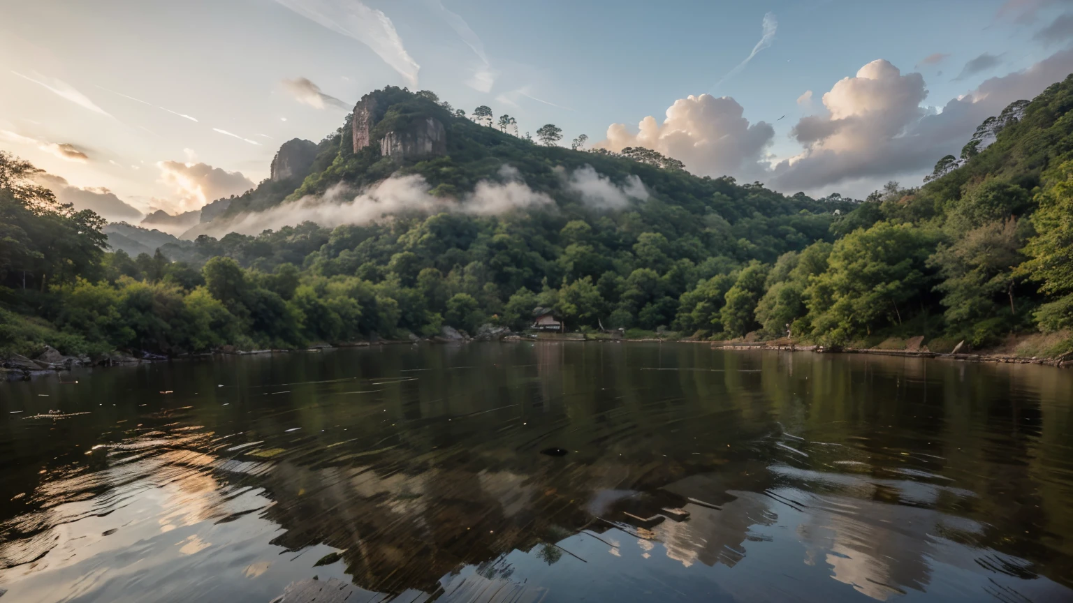 a luxury concept modern wooden building stone base , pond , mountain in back in Thailand surrounded by lush greenery under a cloud with sunset near dark, fancy sky and harmony with nature ,and landscaping around the lake, in ultra HD resolution