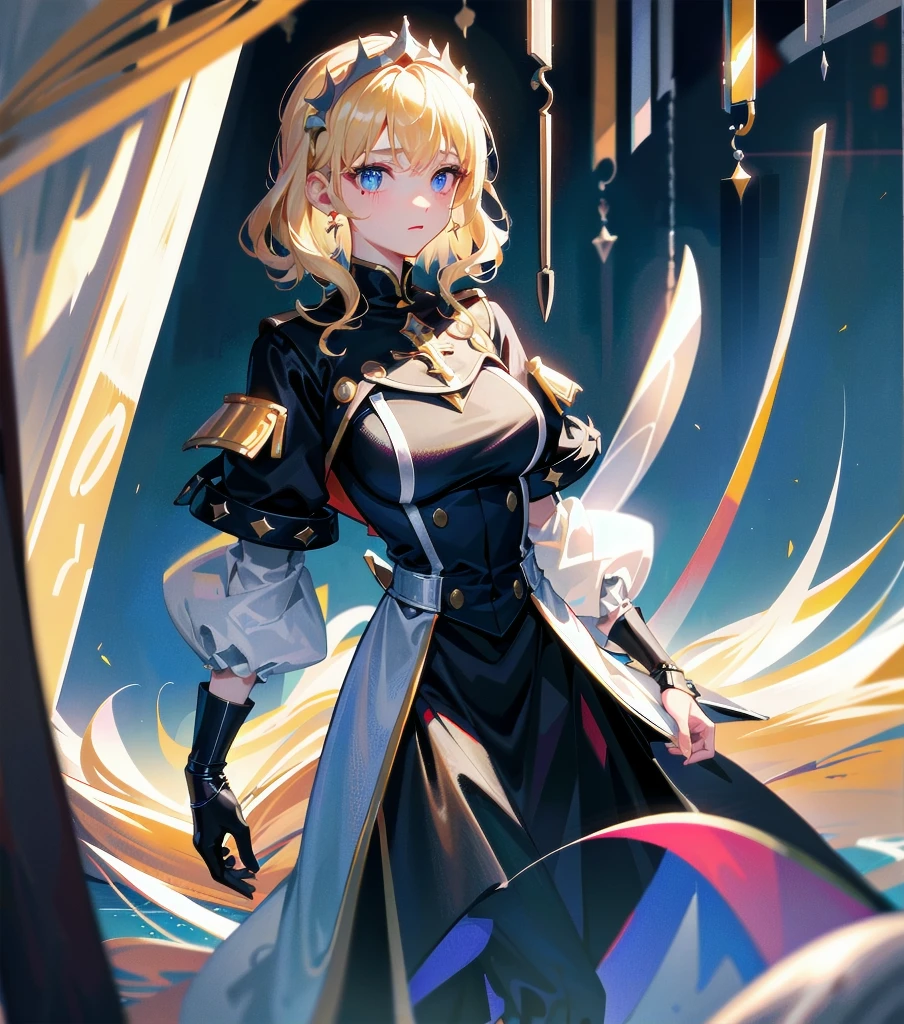 absurdres, RAW photo, extremely delicate and beautiful, masterpiece, Best Quality, ultra high resolution, 32k, hyperrealistic, ultra-detailed, 20 years old, detailed beautiful face, tearful mole, earring, very huge round breasts, short medium hair, wavy hair, wet clothes, (full body shot), alone, blonde hair, gauntlets, Joan of Arc, (surcoat), (cross armor),