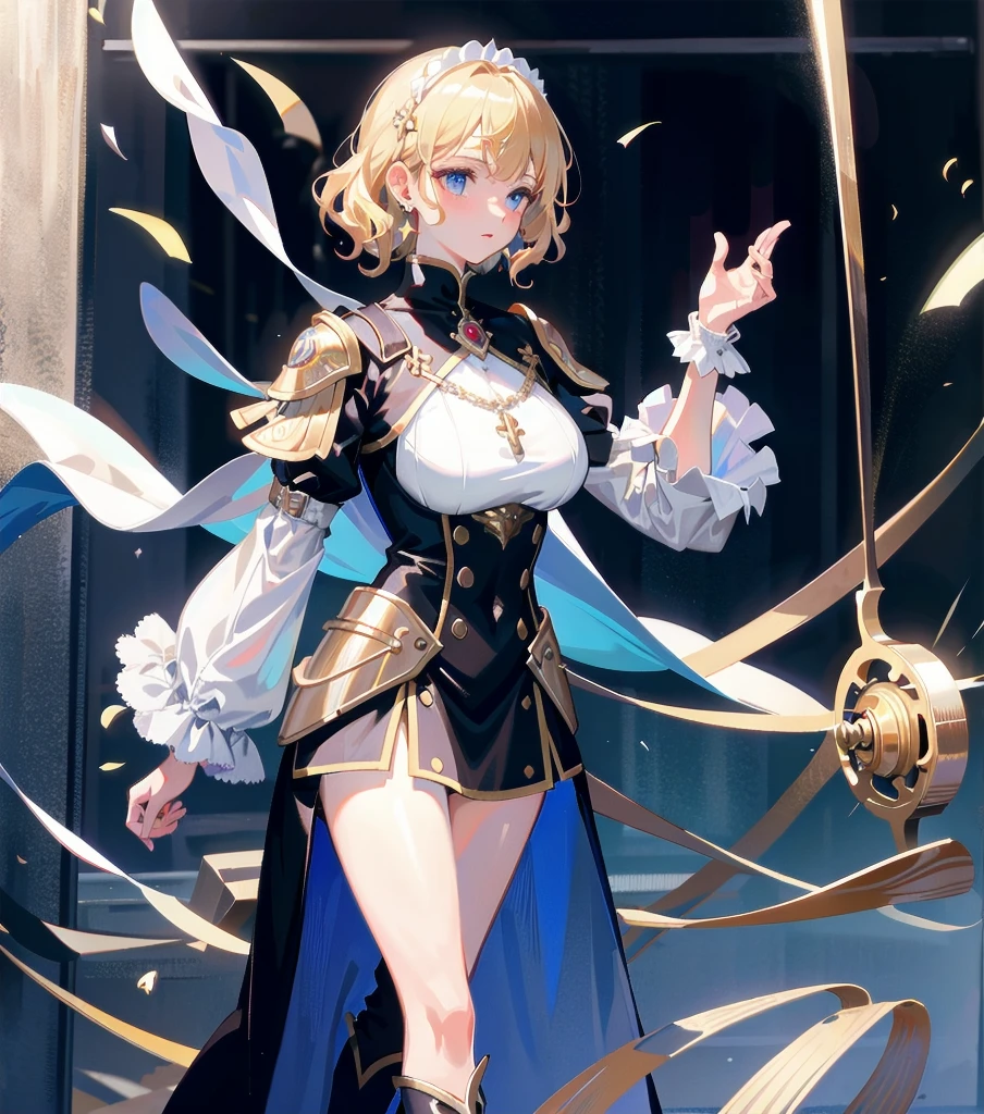 absurdres, RAW photo, extremely delicate and beautiful, masterpiece, Best Quality, ultra high resolution, 32k, hyperrealistic, ultra-detailed, 20 years old, detailed beautiful face, tearful mole, earring, very huge round breasts, short medium hair, wavy hair, wet clothes, (full body shot), alone, blonde hair, gauntlets, Joan of Arc, (surcoat), (cross armor),