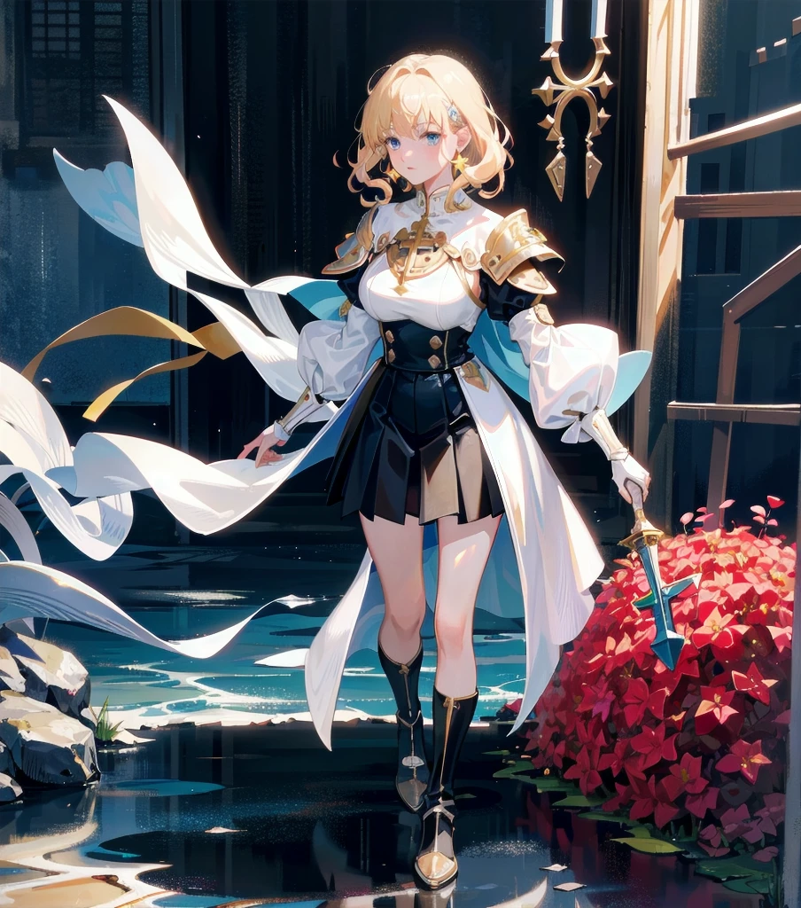 absurdres, RAW photo, extremely delicate and beautiful, masterpiece, Best Quality, ultra high resolution, 32k, hyperrealistic, ultra-detailed, 20 years old, detailed beautiful face, tearful mole, earring, very huge round breasts, short medium hair, wavy hair, wet clothes, (full body shot), alone, blonde hair, gauntlets, Joan of Arc, (surcoat), (cross armor),