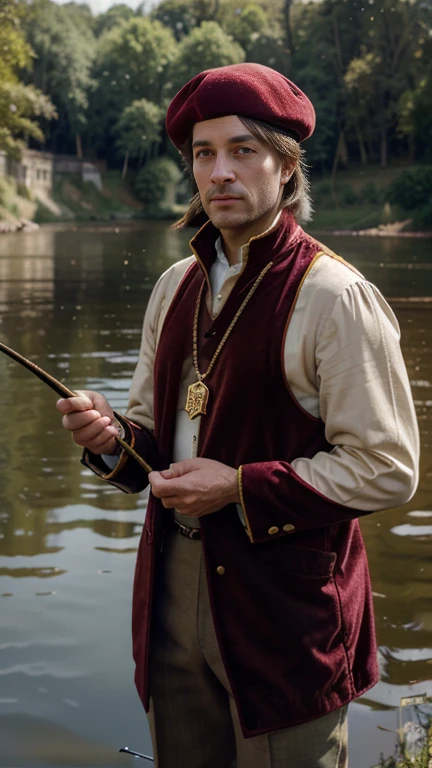 Lakeside, sunlight, Male medieval baron, rich, splendid clothing, jewellery, gold necklace, velvet beret (beret with pheasant feather), fishing, (fishing pole in hand) (servants)