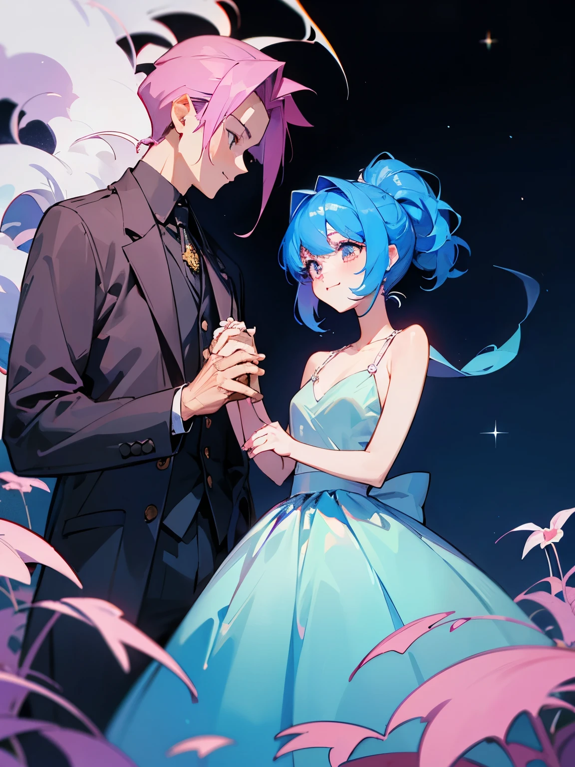 cartoon of a boy and a girl standing close together, ddlc, in the art style of 8 0 s anime, 9 0 s anime style, 90s anime style, in anime style, in an anime style, anime aesthetic, anime vibes, 9 0 s anime aesthetic, 9 0 s anime art style, lofi boy and girl, beautiful background outside, background at night with stars and a moon, fairy lights, beautiful background in a floral garden with fairy lights at night, a cute boy and a cute girl, beautiful faces, a boy and a girl, don't extra hands, NO extra hands, generate a boy and a girl with NO extra hands, NO extra arm, the boy has a short hairstyle and the girl has a long hairstyle, the boy has blue hair, the girl has pink hair, pretty faces, cute pretty boy in a smoking dress, cute pretty girl in a beautiful dress, with amazing smile, boy has a pretty smile, girl has a cute smile
