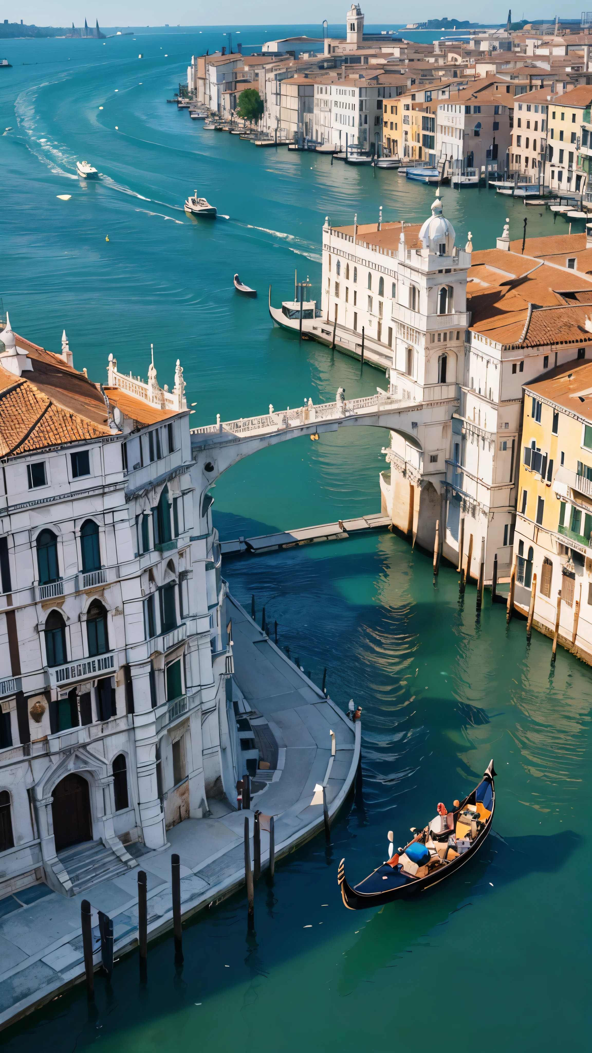 (Highest quality, High-definition images: 1.5), masterpiece: 1.1, aerial photograph, Venice landscape, Boat tours, Canals of Venice, Italy, City of Water, Crystal Reflection, Architecture of Italy, Slightly higher position, Photorealistic Rendering, Ultra-detailed textures, (Golden Hour: 1.3), Dramatic Shadows, Adirondack chairs on deck, A passing gondola, (Nostalgic Music: 0.8), Sun-kissed Water, Pastel colored buildings, Terrazzo roof, An intricate bridge,