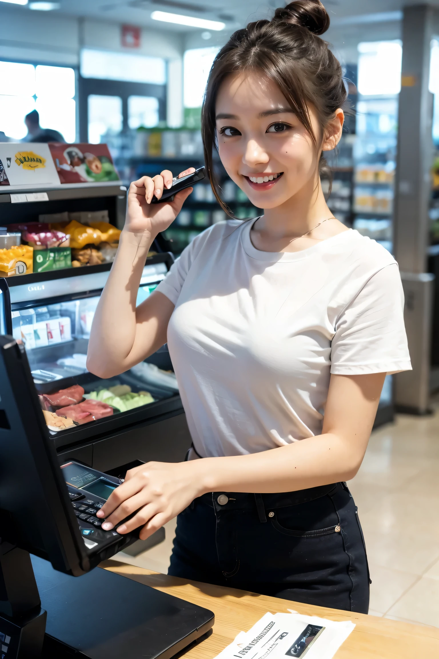 high resolution,8k,fair skin,18 years old,cute girl,very beautiful,big eyes,brown hair,clerk,Carmen,refreshing smile,Caren,cash register,convenience store,single hair bun