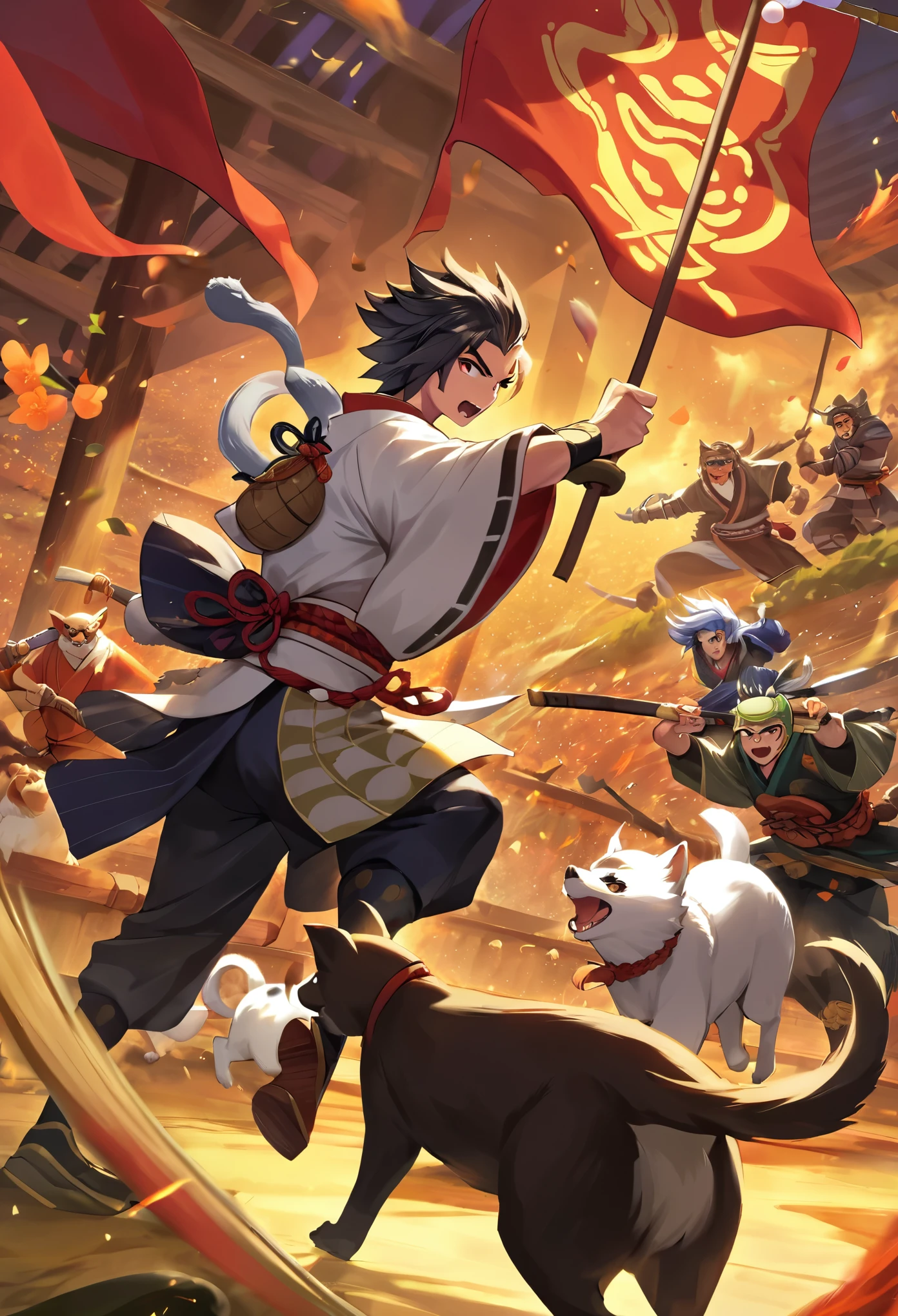 (masterpiece, top quality, best quality)dynamic scene from the Japanese folktale 'Momotaro', showing Momotaro fighting alongside his animal companions, a dog, a monkey, and a pheasant, against the ogres, The scene should be set on the Ogre Island, with Momotaro wearing traditional Japanese warrior clothing, holding a flag with the peach emblem, The animals should be actively participating in the battle, and ogres should appear menacing but not too scary, suitable for a children's book illustration, The style should be vibrant and detailed, capturing the energy and bravery of the legendary tale,