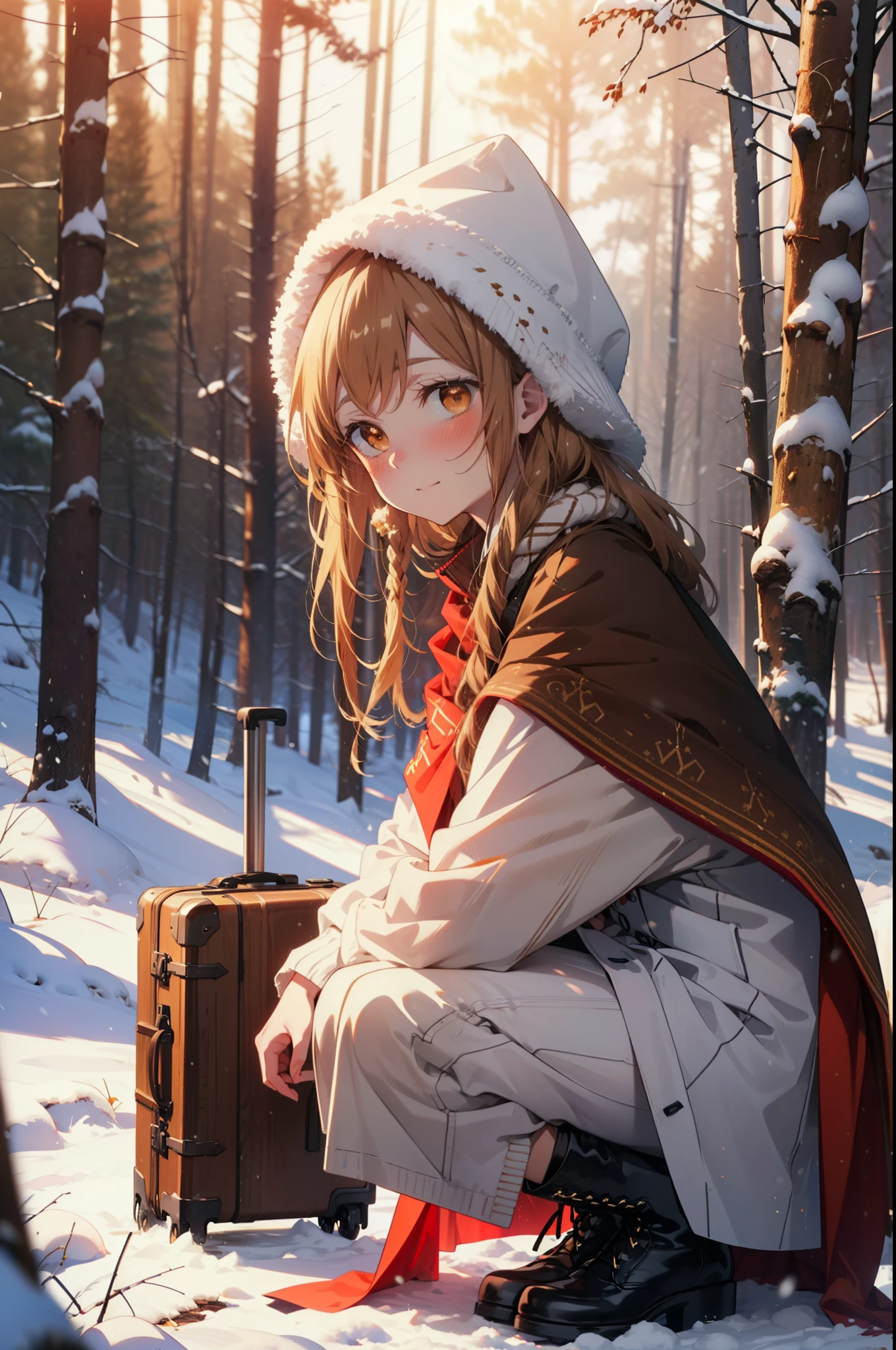 I am the sun ayuuki, a sun a yuuki, Long Hair, Brown Hair, (Brown eyes:1.8)Medium chest,smile,blush,White Breath,
Open your mouth,snow,Ground bonfire, Outdoor, boots, snowing, From the side, wood, suitcase, Cape, Blurred, Increase your meals, forest, White handbag, nature,  Squat, Mouth closed, フードed Cape, winter, Written boundary depth, Black shoes, red Cape break looking at viewer, Upper Body, whole body, break Outdoor, forest, nature, break (masterpiece:1.2), highest quality, High resolution, unity 8k wallpaper, (shape:0.8), (Beautiful and beautiful eyes:1.6), Highly detailed face, Perfect lighting, Highly detailed CG, (Perfect hands, Perfect Anatomy),