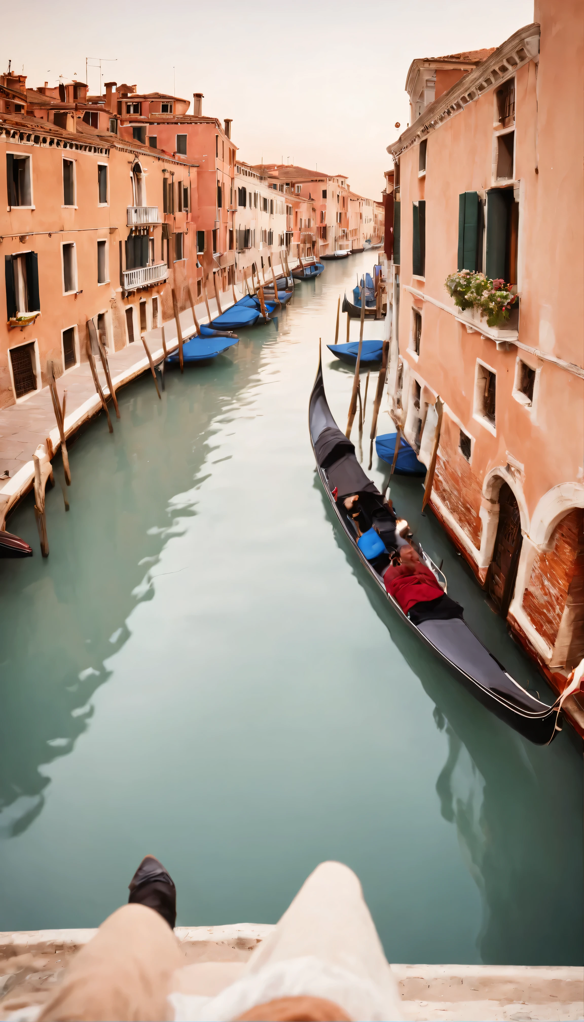 (Highest quality, High-definition images: 1.5), masterpiece: 1.1, Photo from above, Venice landscape, Boat tours, Canals of Venice, Italy, City of Water, Crystal Reflection, Architecture of Italy, Slightly higher position, Photorealistic Rendering, Ultra-detailed textures, (Golden Hour: 1.3), Dramatic Shadows, Adirondack chairs on deck, A passing gondola, (Nostalgic Music: 0.8), Sun-kissed Water, Pastel colored buildings, Terrazzo roof, An intricate bridge,There is no one