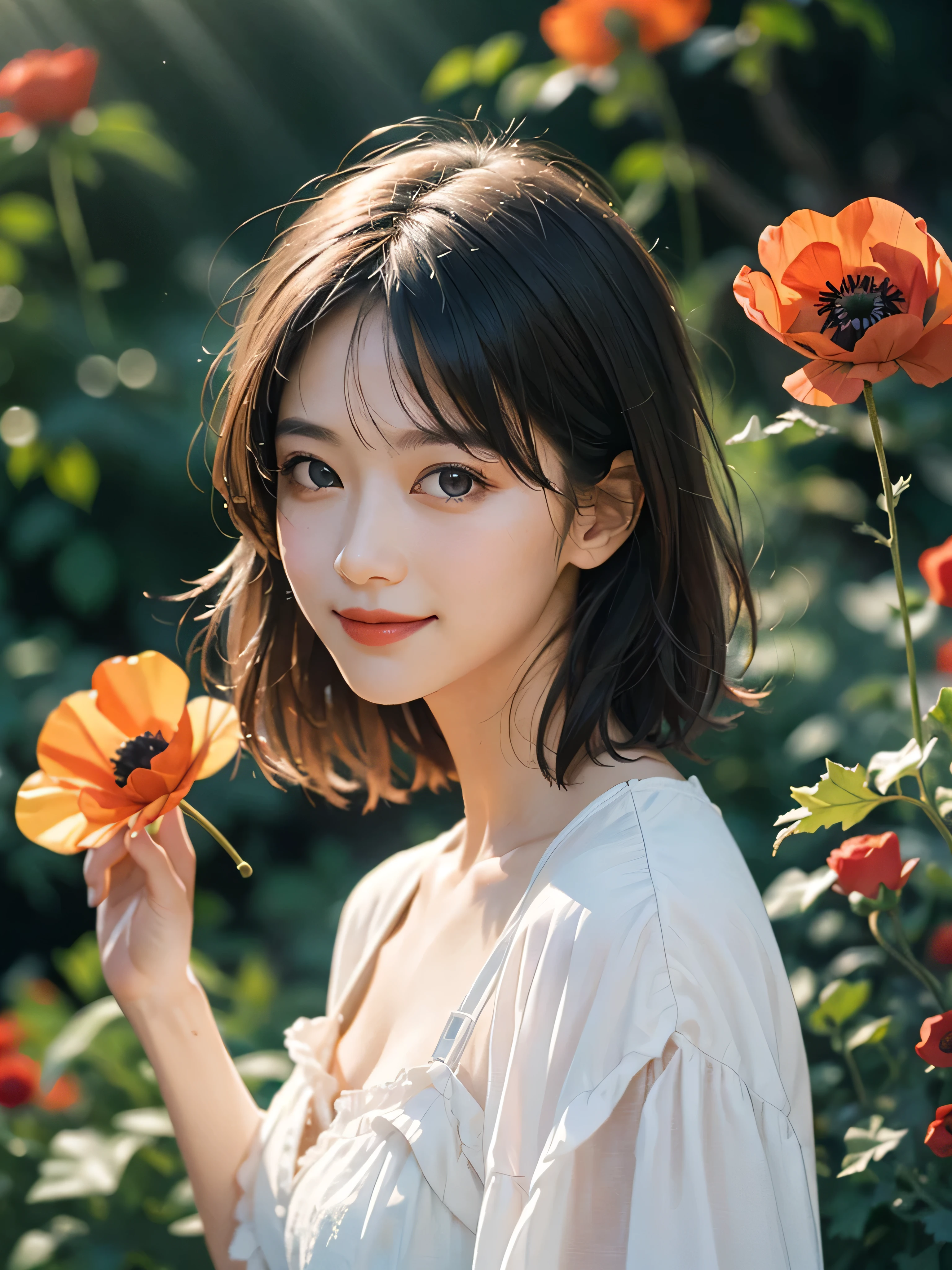 highest quality、masterpiece、Ultra-high resolution、(Photorealistic:1.8)、Raw photo、(Shot from a top high camera angle)、35mm、Ultra Sharpness、Foggy Pictures、1girl、Playing the piano in the garden、Surrounded by flying butterflies、coloured butterflies、A happy smile、Leaning editorial pose、shoulder to shoulder、In the Dark、Deep Shadow、Discreet Key、Natural light on the face、Cold Light、Majestic light、 Rays of light behind、Understated Appearance、Messy short hair、Colorful wild poppy flowers background and foreground、rose、Ivy and carnation flowers、Flower Bokeh、(Film Grain:1.0)