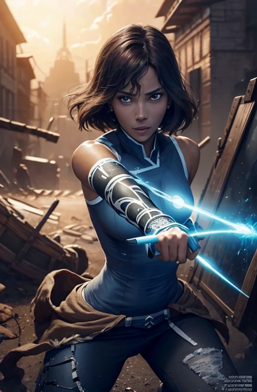 Halle Berry like Korra, sightly muscled, messy hair, Full body, Beautiful anime waifu style girl,hyperdetailed painting, luminism, art by artgerm, concept art, dark background, abstract beauty, approaching perfection, pure form, golden ratio, minimalistic, dark atmosphere, unfinished, concept art, intricate details, 8k post production, high resolution, hyperdetailed, trending on artstation, sharp focus, studio photo, intricate details, highly detailed,