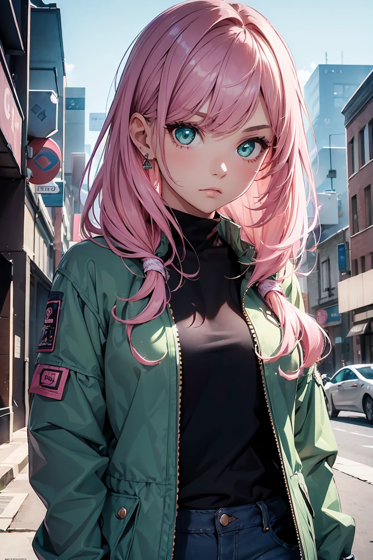 (best quality)), ((masterpiece)), (detailled), perfect face((best quality)), ((masterpiece)), (detailled), perfect face(best quality)), ((masterpiece)), (detailled), perfect face(best quality)), ((masterpiece)), (detailled), perfect face,stunning realistic, photorealistic, Photorealism, 1 girl sakura Haruno,pink hair, long hair, green eyes,dark blue diamond on the forehead,standing in a tent,arms behind back,sexy body,middle large breasts,open jacket, denim skirt