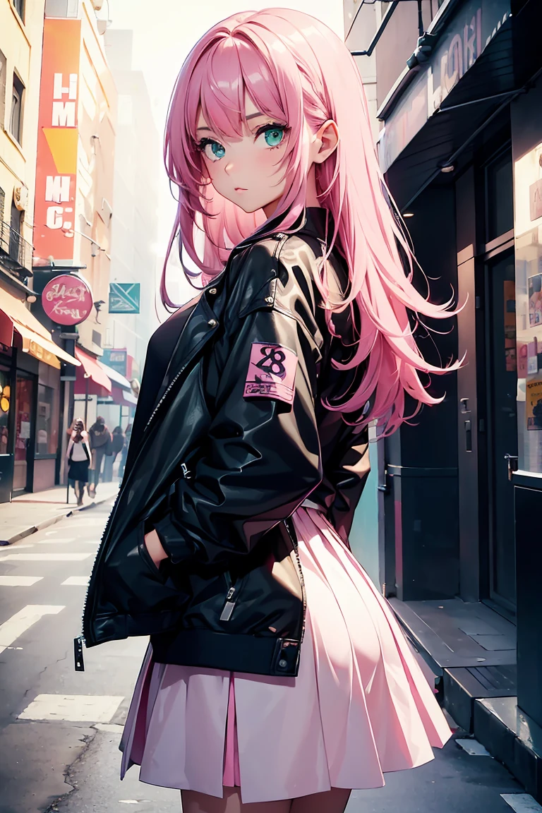 ((1 girl)), Latest Trends in Clothing, Street fashion,Jacket, Open chest,Cool look, Fashionable skirts,Relaxed pose,Cowboy Shot,((Very detailed,highest quality, High resolution, 8k wallpaper, Beautiful clothes,)),((Pink Hair, Shortcuts,Straight hair)) (Green Eyes),eye shadow, eyeliner,Glow Eye, Very detailedな目, Complex eyes, Beautiful Eyes, 18-year-old girl.