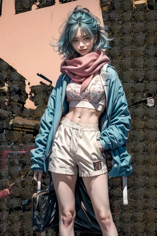 highest quality, Very detailed, masterpiece, 1 person,woman,(((完璧なwomanの体))),Very beautiful face, Very beautiful body,Gentle expression, Very beautiful eyes,(Perfect Makeup:1.1),Fashion Model,Cyberpunk Fashion,Short Wolf Hair,Shaggy Hair,Fluorescent pink and blue hair:1.3, Very thin body,Smart Abs, Cool colors,宇宙Clothes,Two-tone high-top sneakers,A kind smile,Full body portrait,(Street background:1.3), (Shiny skin),(Earrings),Monogram pattern,Gradient Graphics,neon,Clothes,scarf,