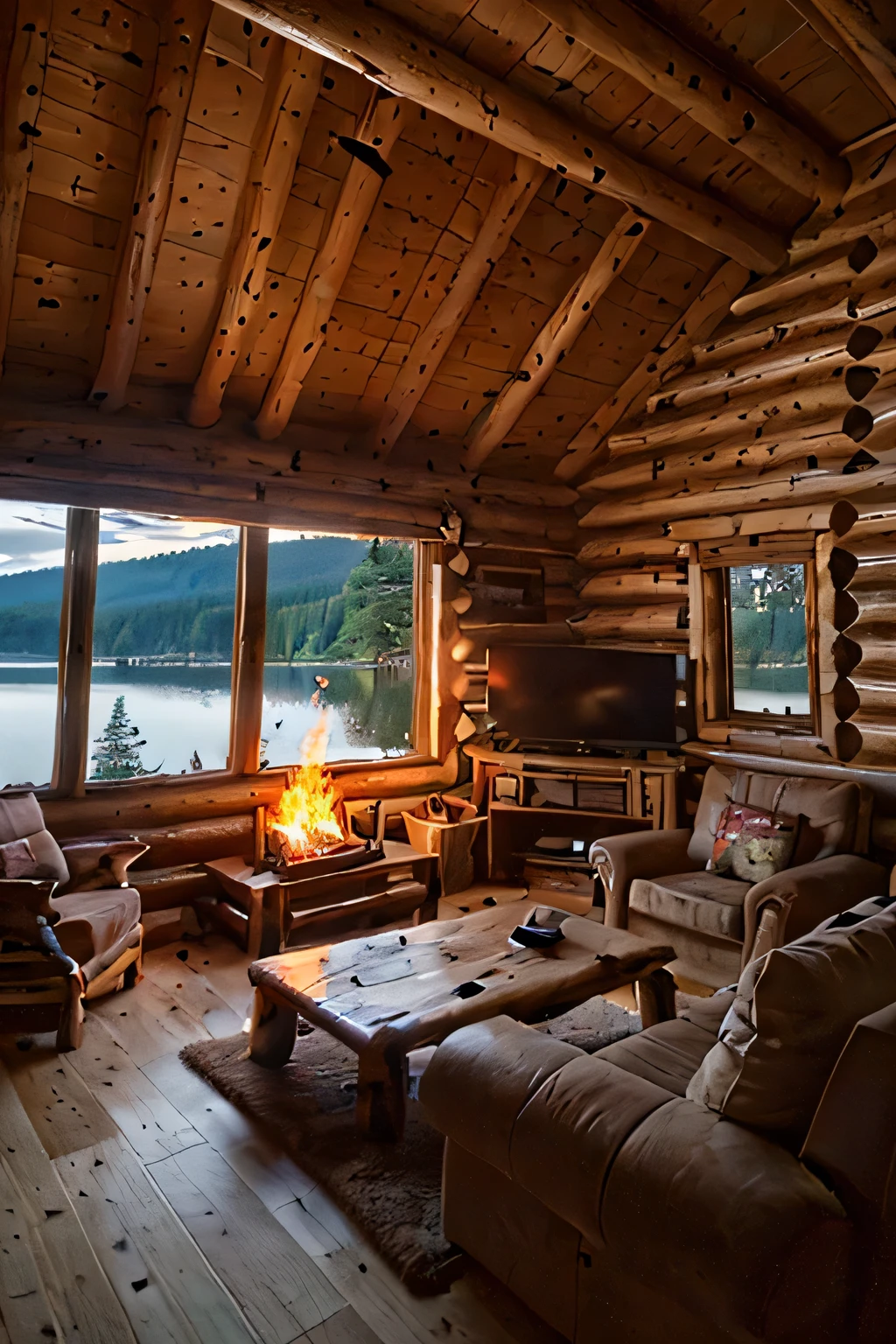 arafed log cabin with a fire in front of a lake, lake house, cabin in the woods, log cabin, build in a forest near of a lake, fire lit, cozy place, peaceful environment, bathed in the the glow of a fire, cottagecore, cottagecore!!, setting in nature, peaceful and serene