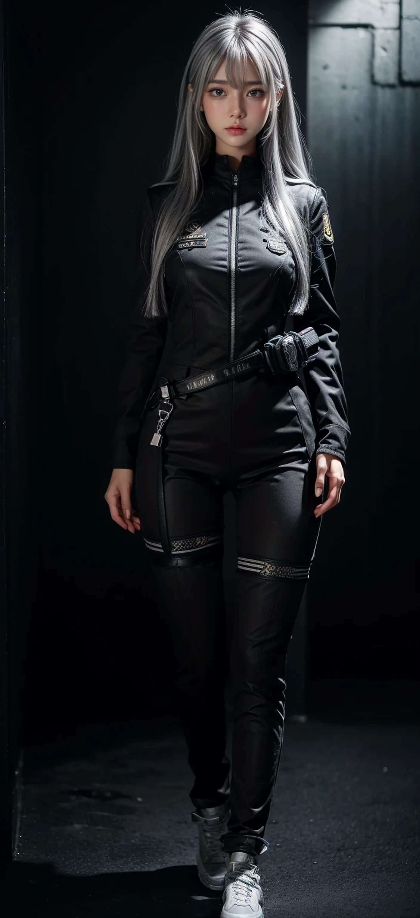 shiny hair,4 fingers,{{{{{White eyes}}}}},{{{{{White eyes}}}}},{long hair},{{straight hair}},gloves,black clothes,black military suit,{military},{{{{{dull bangs}}}}},Hard hair,(slanted eyes},{{whole body},{{{1 girl}}}, {{{{silver hair}}}},{{{Tsurime}}},36 years old,white people,silver eyes,thin,{{{masterpiece}}}, {{{highest quality}}}, {{super detailed}}, {figure}, {{very delicate and beautiful}},very detailed,detailed perfect,detailed hyper,militaryまたは海militaryの制服