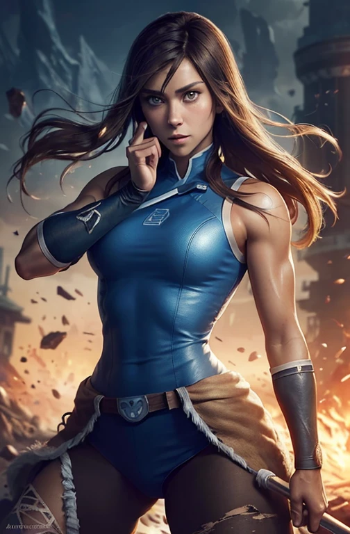 Nina Dobrev like Korra, sightly muscled, messy hair, Full body, Beautiful anime waifu style girl,hyperdetailed painting, luminism, art by artgerm, concept art, dark background, abstract beauty, approaching perfection, pure form, golden ratio, minimalistic, dark atmosphere, unfinished, concept art, intricate details, 8k post production, high resolution, hyperdetailed, trending on artstation, sharp focus, studio photo, intricate details, highly detailed,