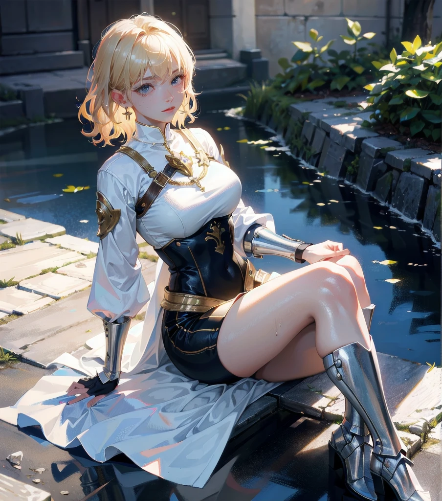 absurdres, RAW photo, extremely delicate and beautiful, masterpiece, Best Quality, ultra high resolution, 32k, hyperrealistic, ultra-detailed, 20 years old, detailed beautiful face, tearful mole, earring, very huge round breasts, short medium hair, wavy hair, wet clothes, (full body shot), alone, blonde hair, gauntlets, Joan of Arc, (surcoat), (cross armor),