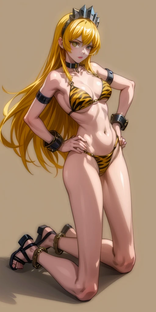 (plain background) Princess Nina wearing yellowish tiger print bikini, hands on hips, kneeling, golden = (shackles wristbands, chains, bracers, handcuffs) leather collar choker, metal sandals, big knockers, 